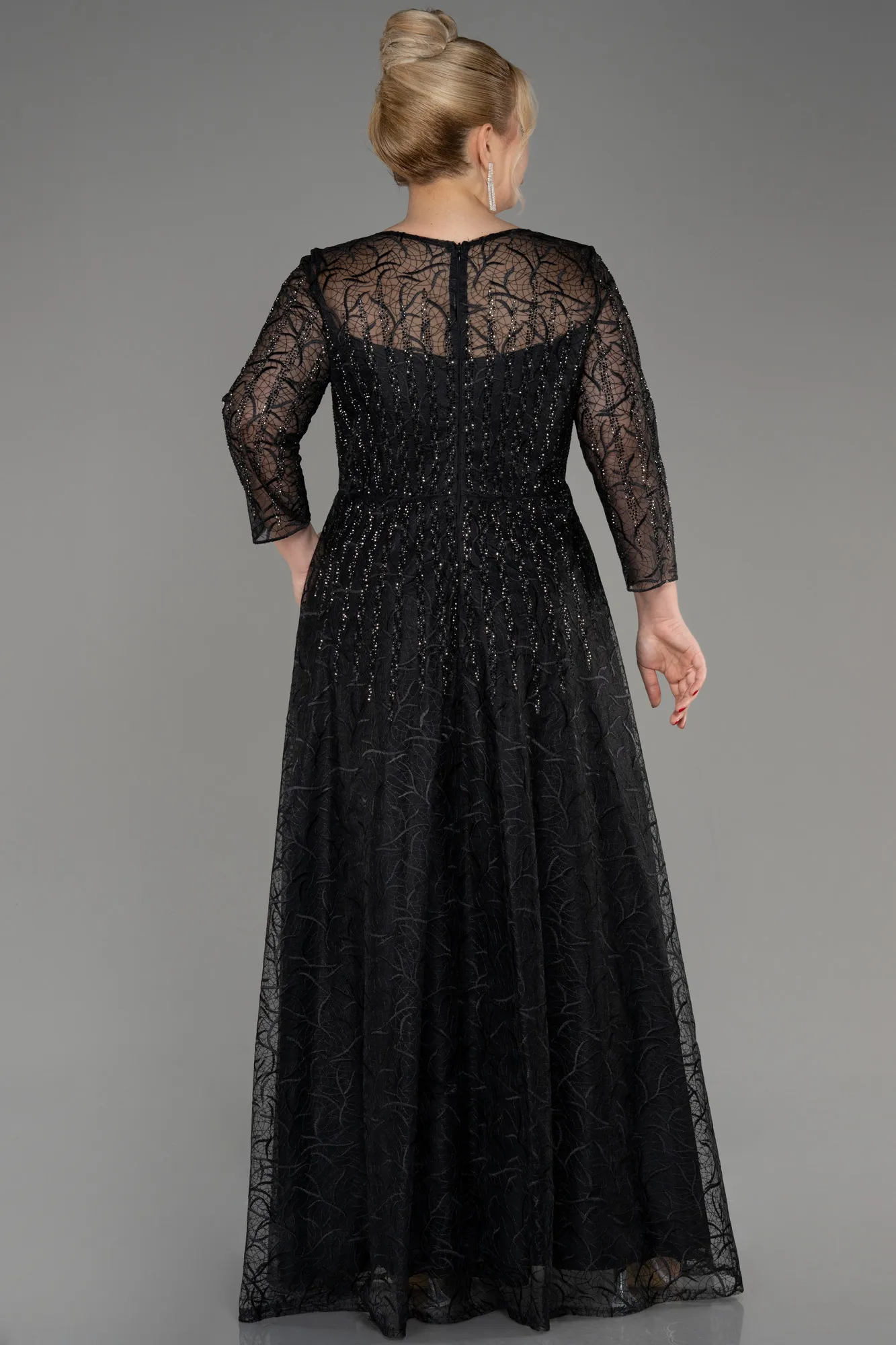 Black-Long Sleeve Laced Plus Size Evening Dress ABU3932