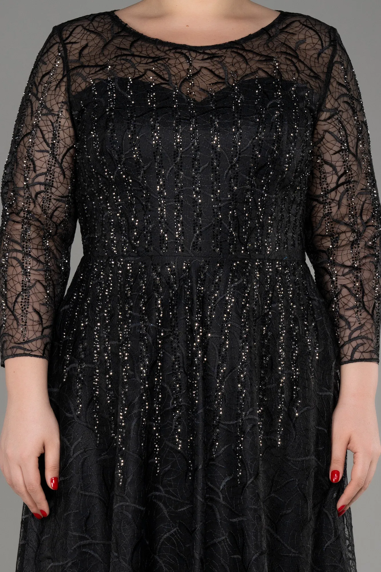 Black-Long Sleeve Laced Plus Size Evening Dress ABU3932