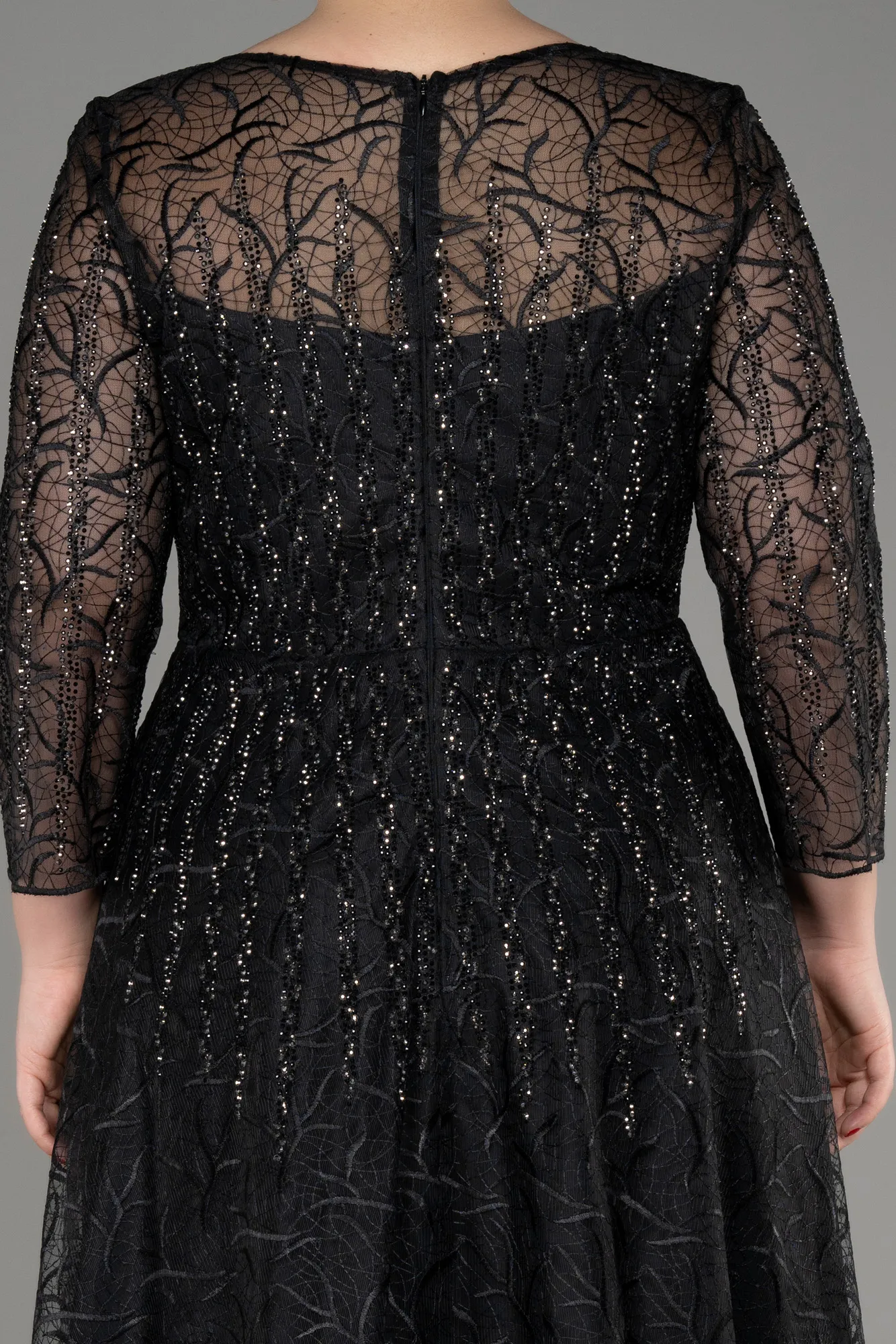 Black-Long Sleeve Laced Plus Size Evening Dress ABU3932