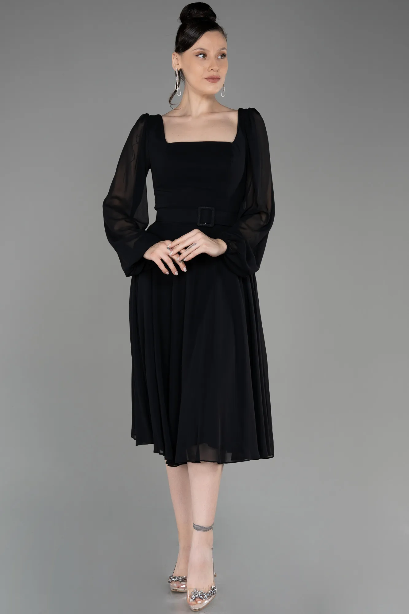 Black-Long Sleeve Midi Chiffon Cocktail Dress ABK2026