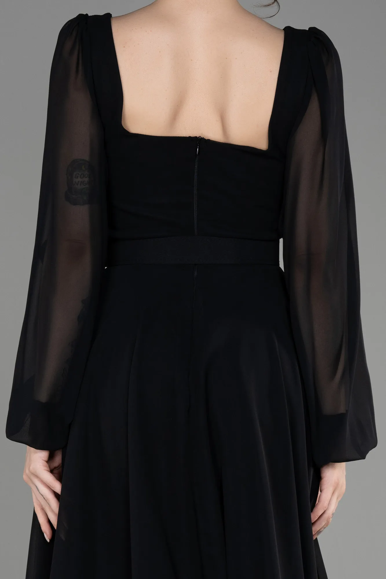Black-Long Sleeve Midi Chiffon Cocktail Dress ABK2026