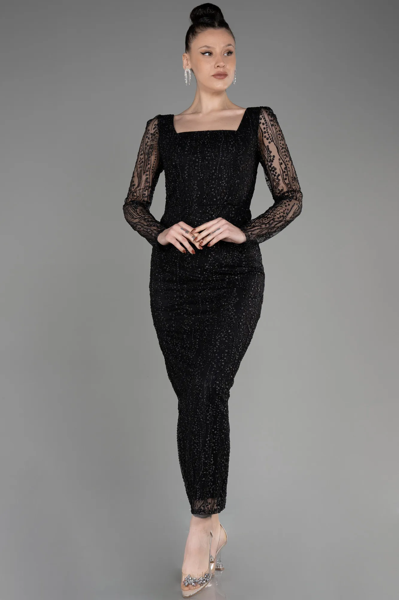 Black-Long Sleeve Midi Cocktail Dress ABK2025