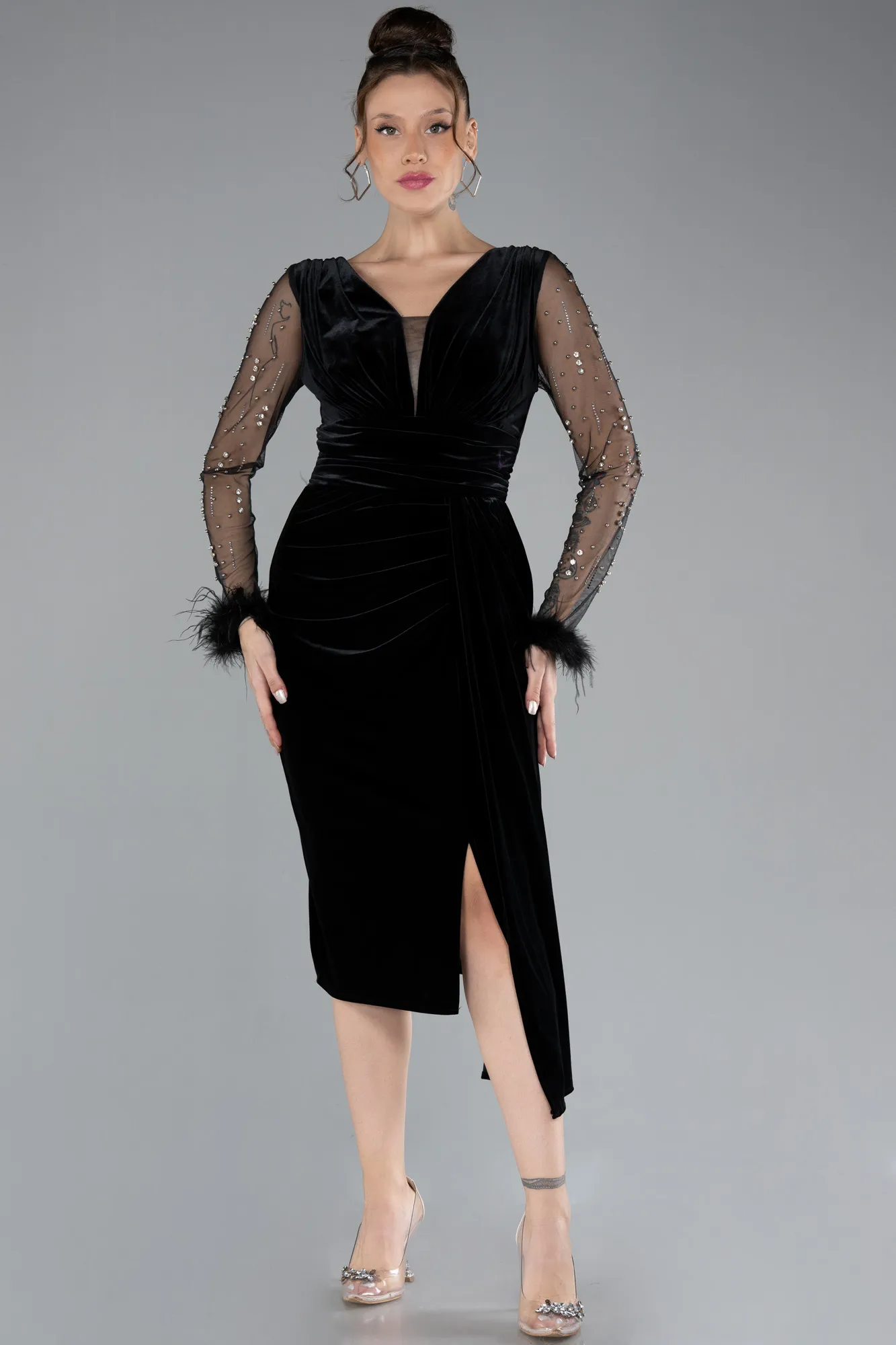 Black-Long Sleeve Midi Velvet Invitation Dress ABK2168