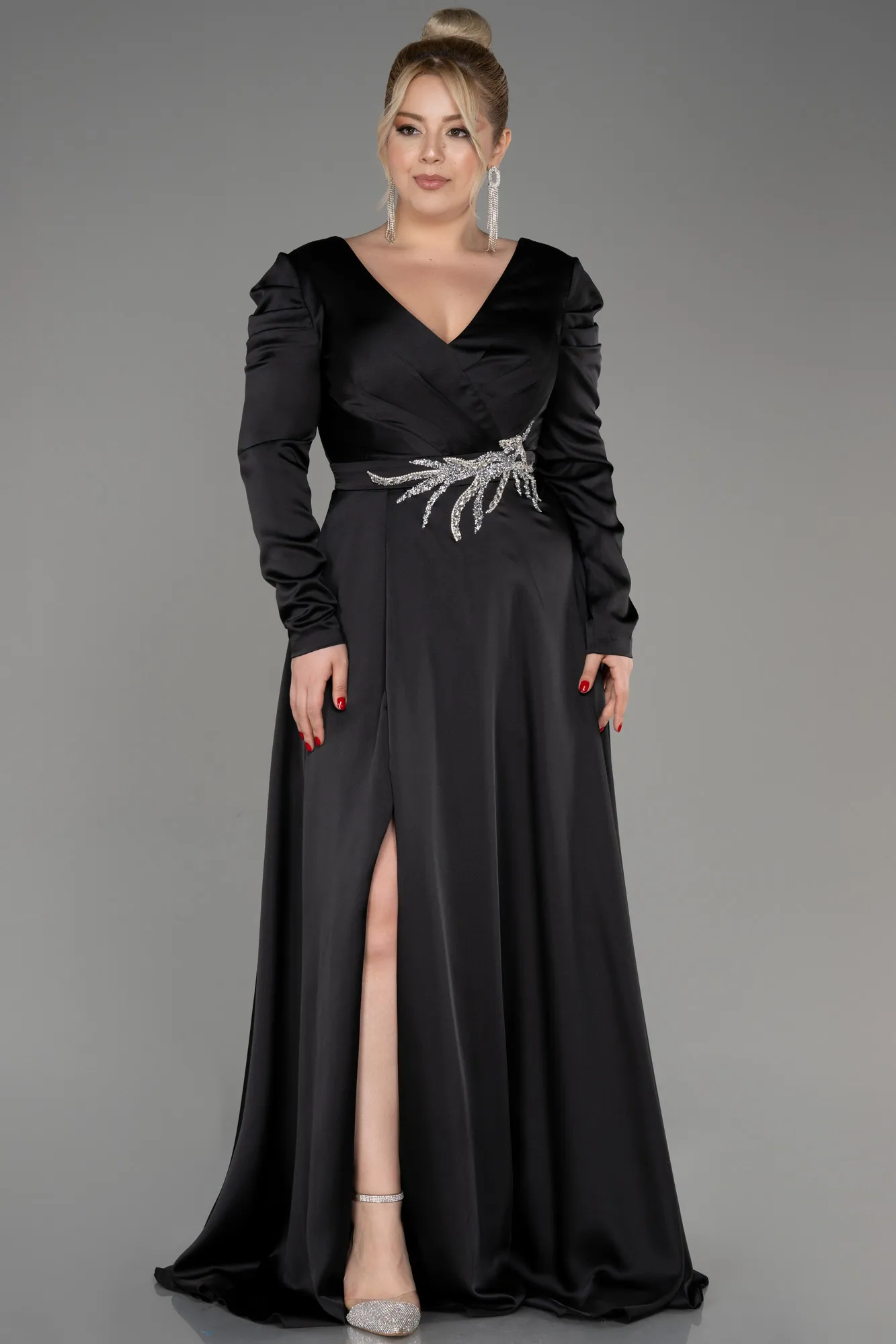 Black-Long Sleeve Satin Plus Size Evening Dress ABU3941