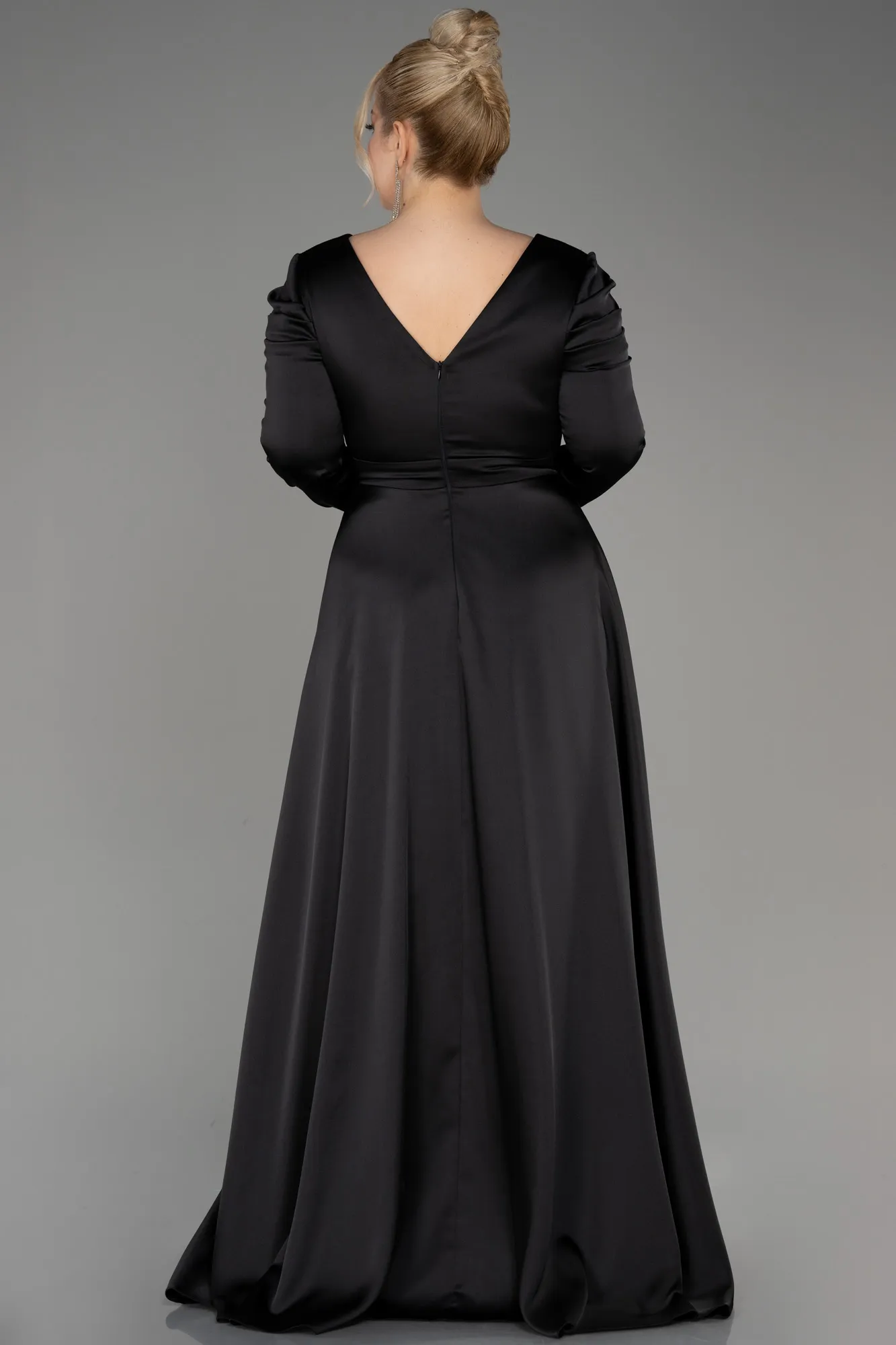 Black-Long Sleeve Satin Plus Size Evening Dress ABU3941