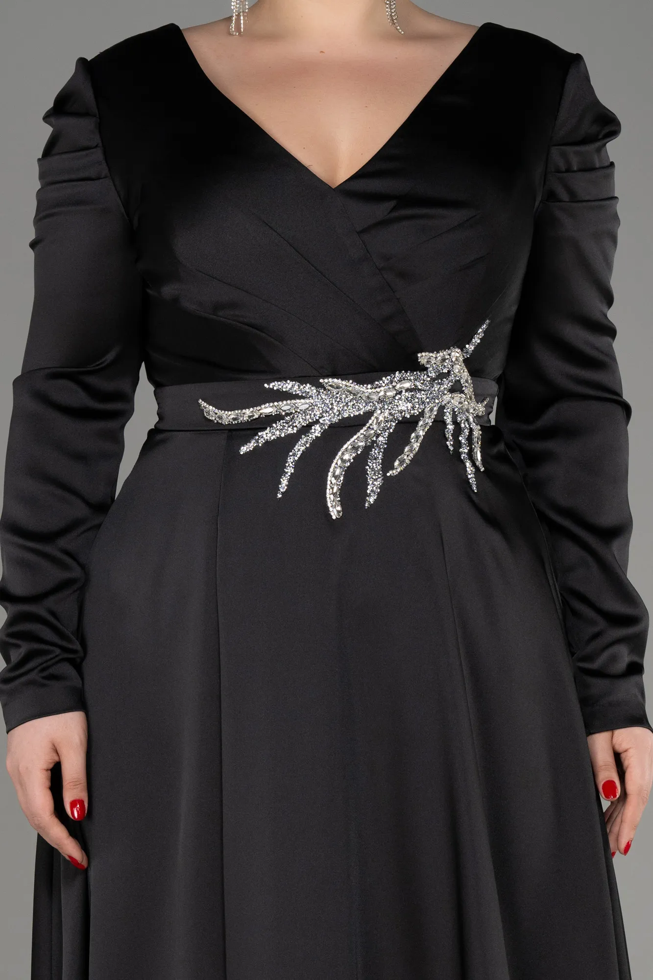 Black-Long Sleeve Satin Plus Size Evening Dress ABU3941