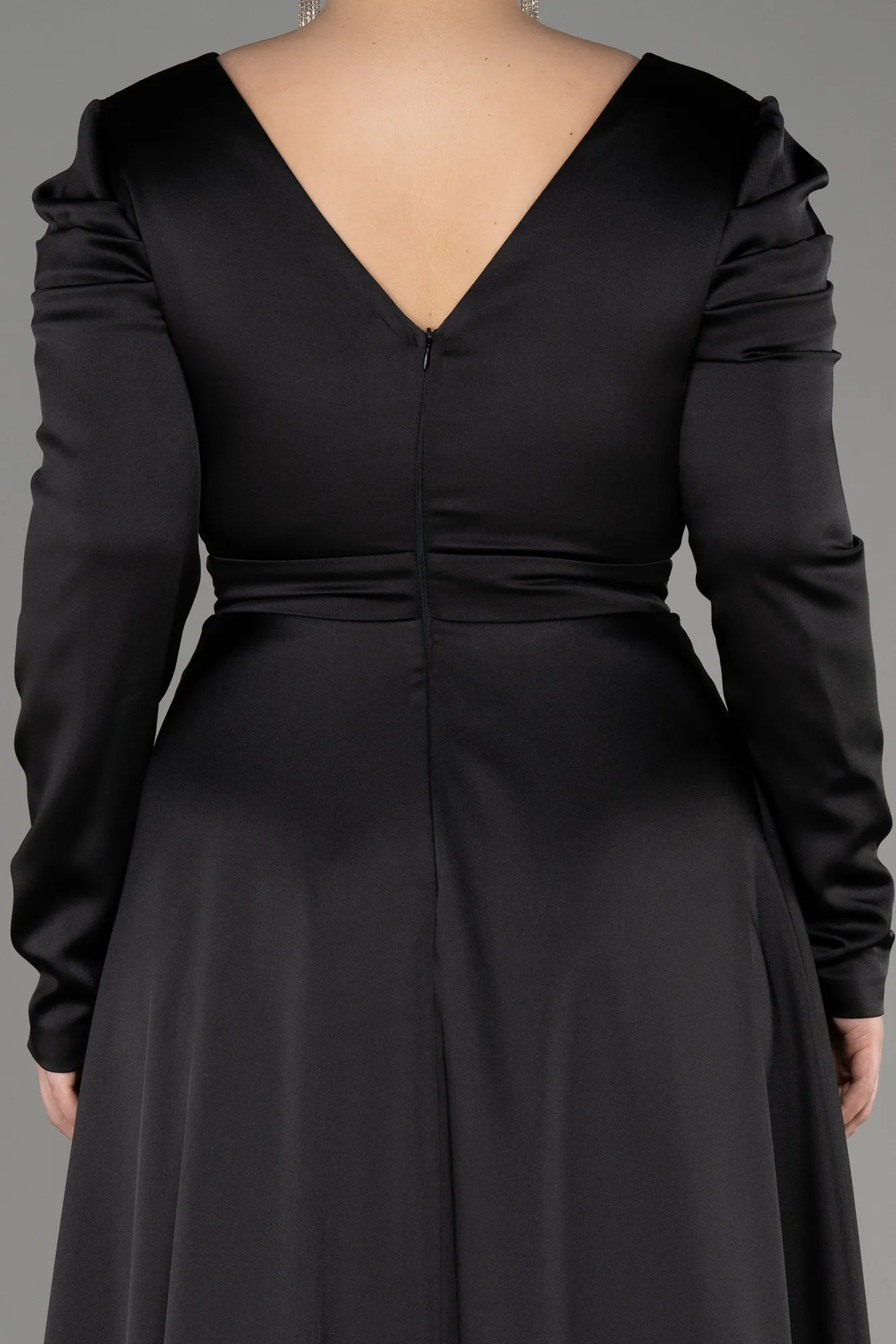 Black-Long Sleeve Satin Plus Size Evening Dress ABU3941