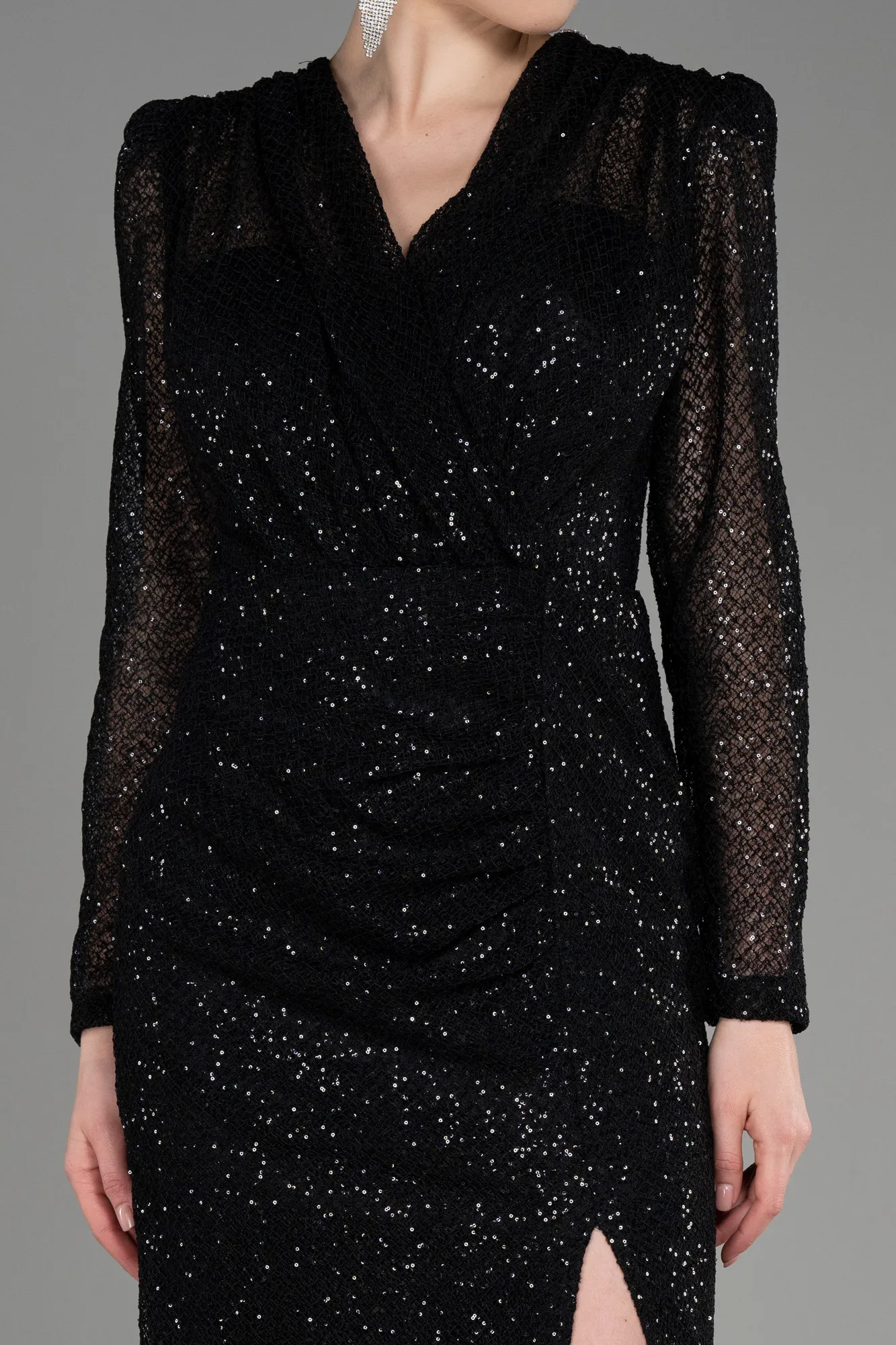 Black-Long Sleeve Scaly Evening Dress ABU3831