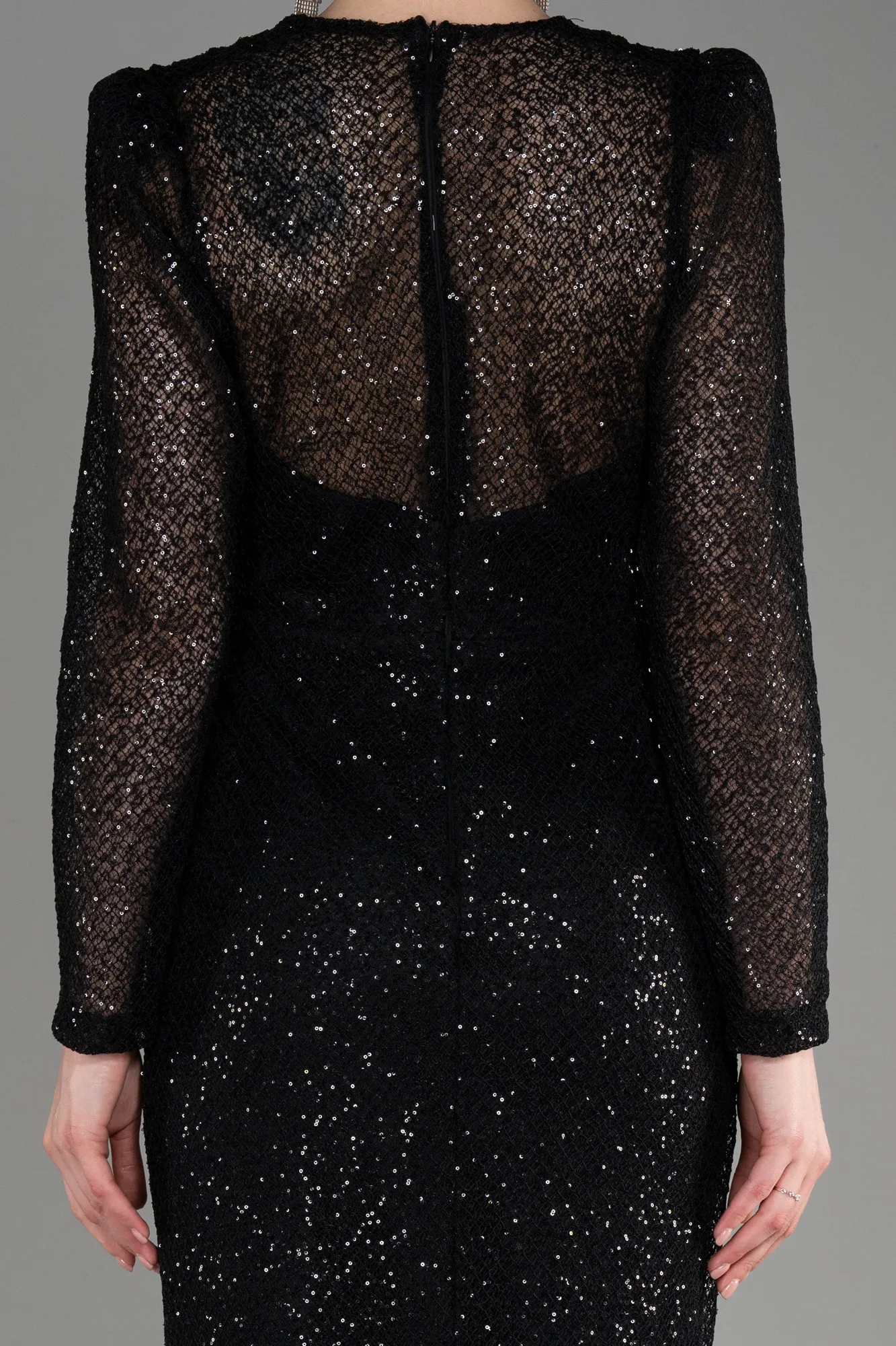 Black-Long Sleeve Scaly Evening Dress ABU3831