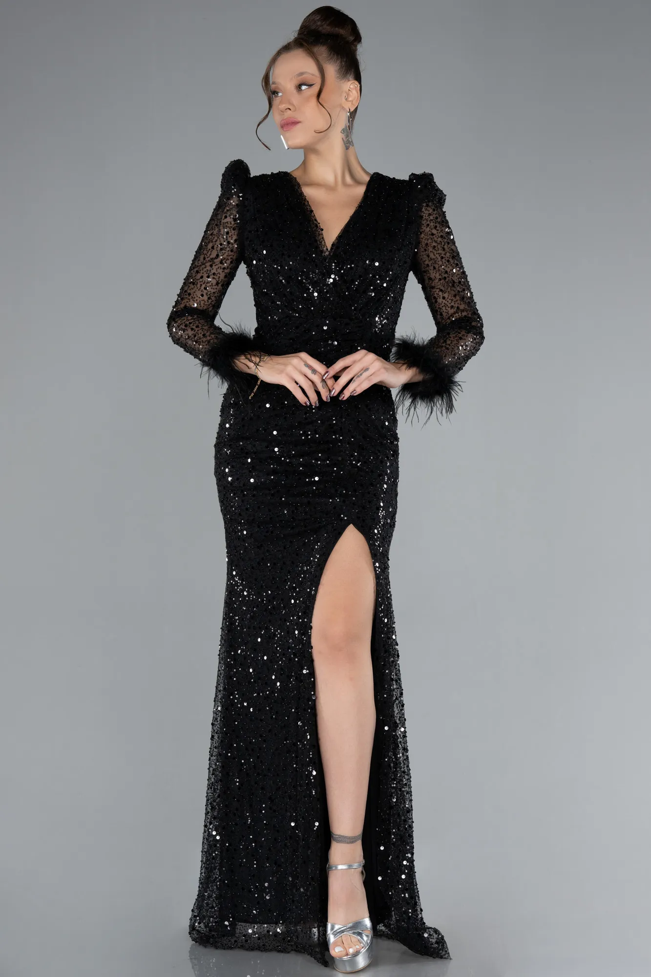 Black-Long Sleeve Scaly Evening Dress ABU3860