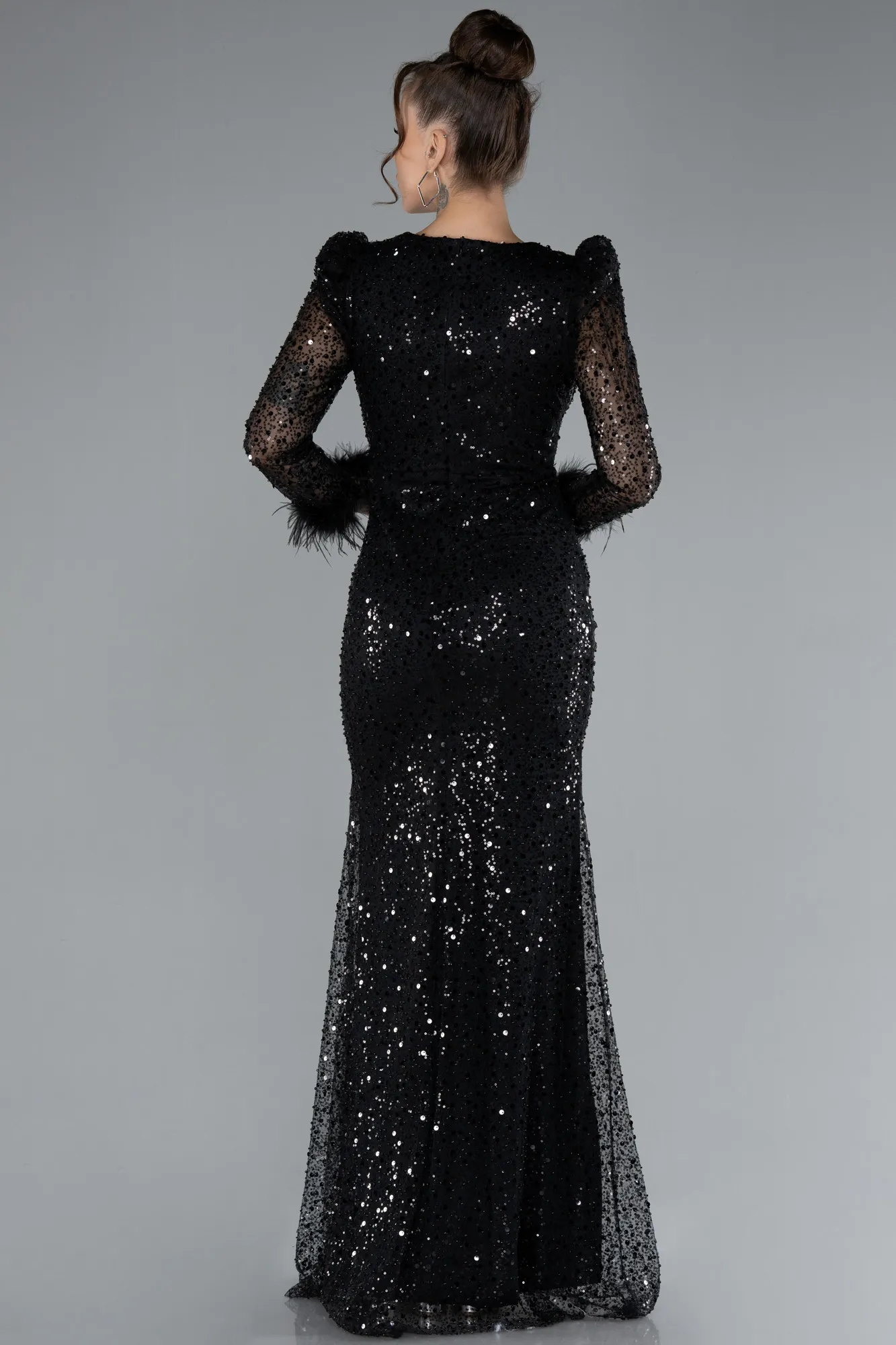 Black-Long Sleeve Scaly Evening Dress ABU3860