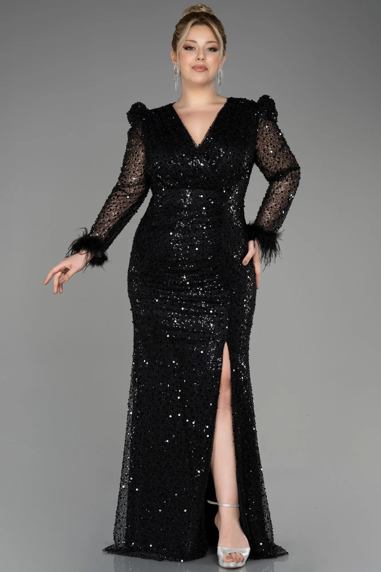 Black-Long Sleeve Scaly Plus Size Evening Dress ABU3861