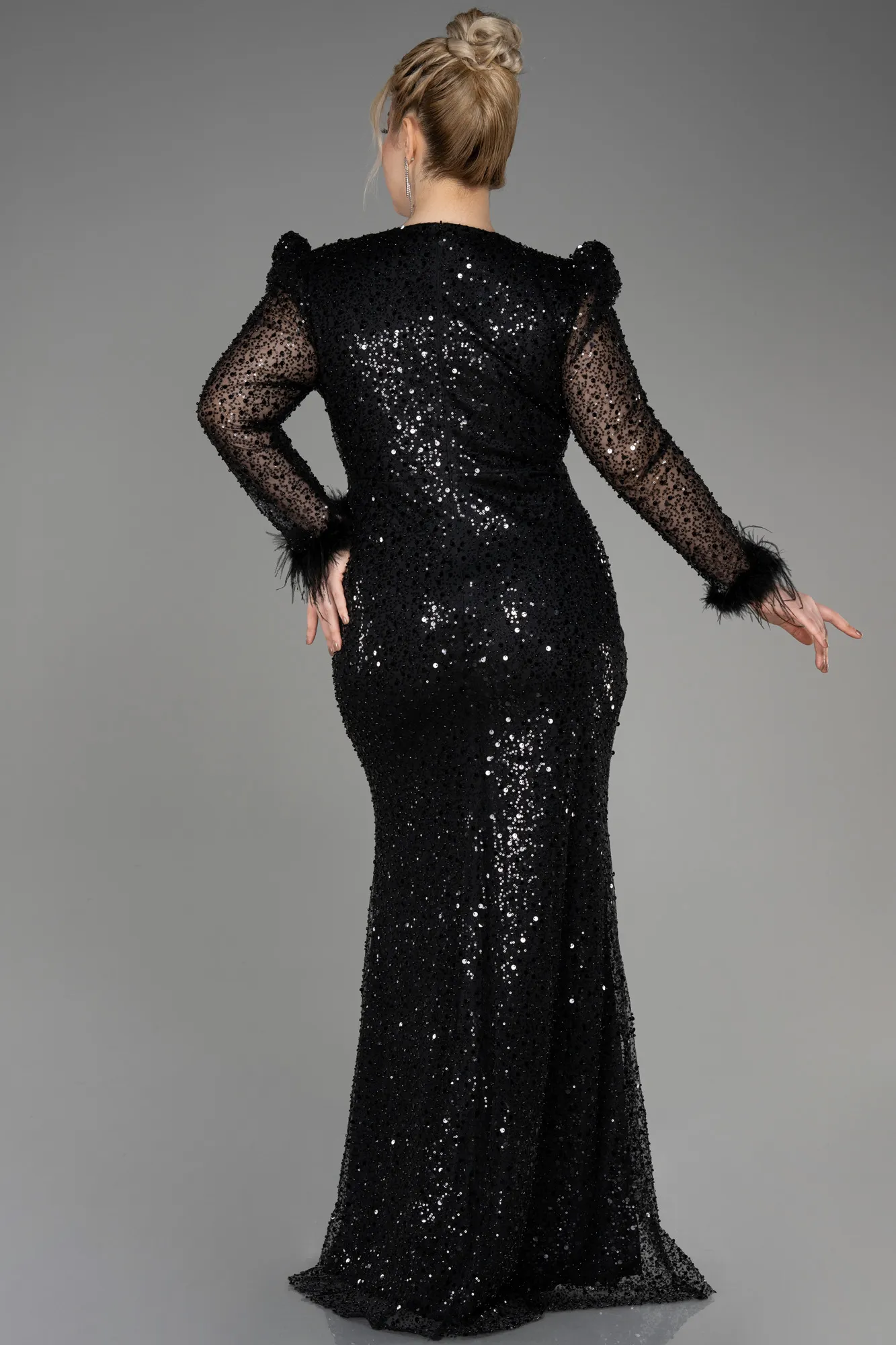 Black-Long Sleeve Scaly Plus Size Evening Dress ABU3861