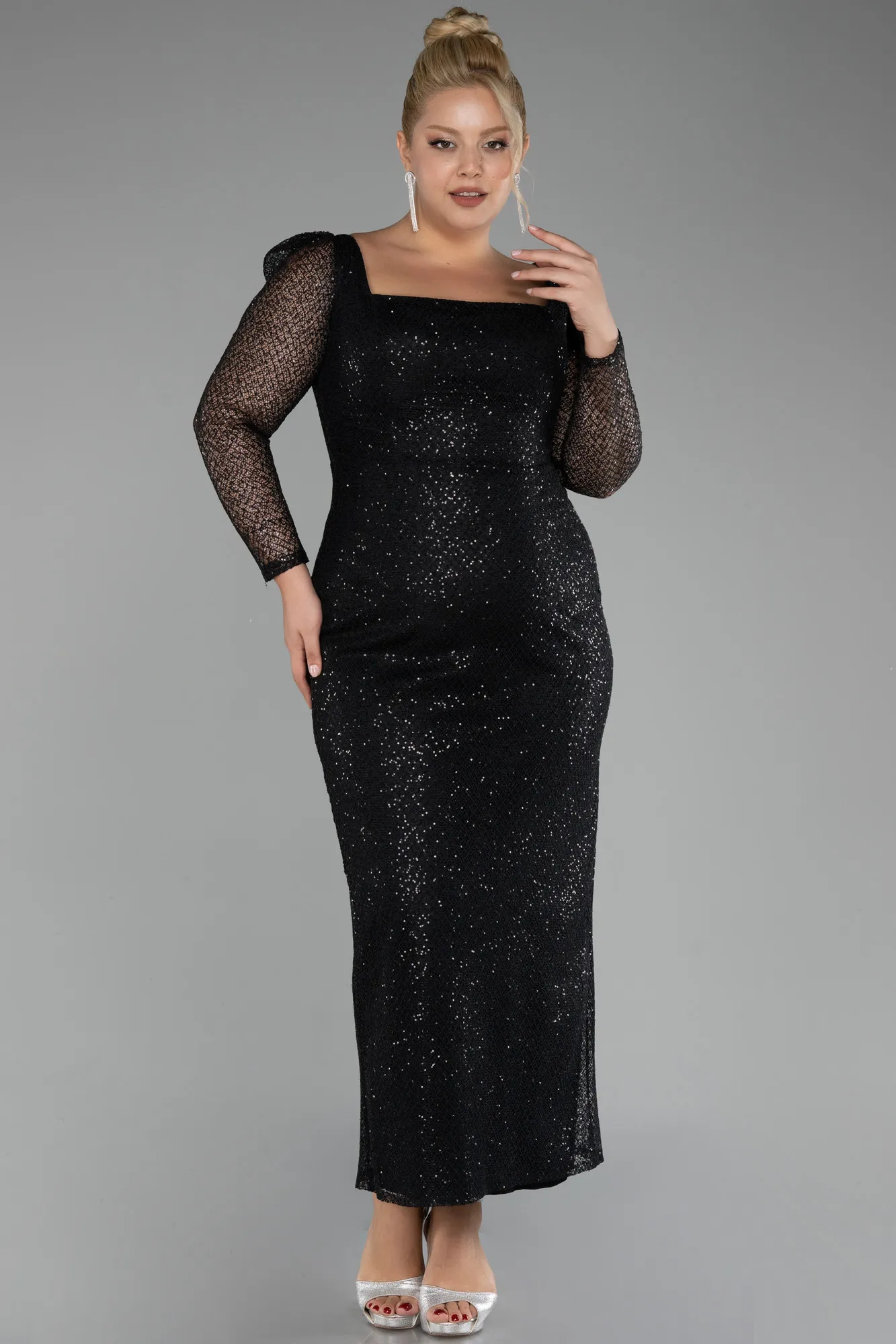 Black-Long Sleeve Sequin Midi Plus Size Evening Dress ABK2138