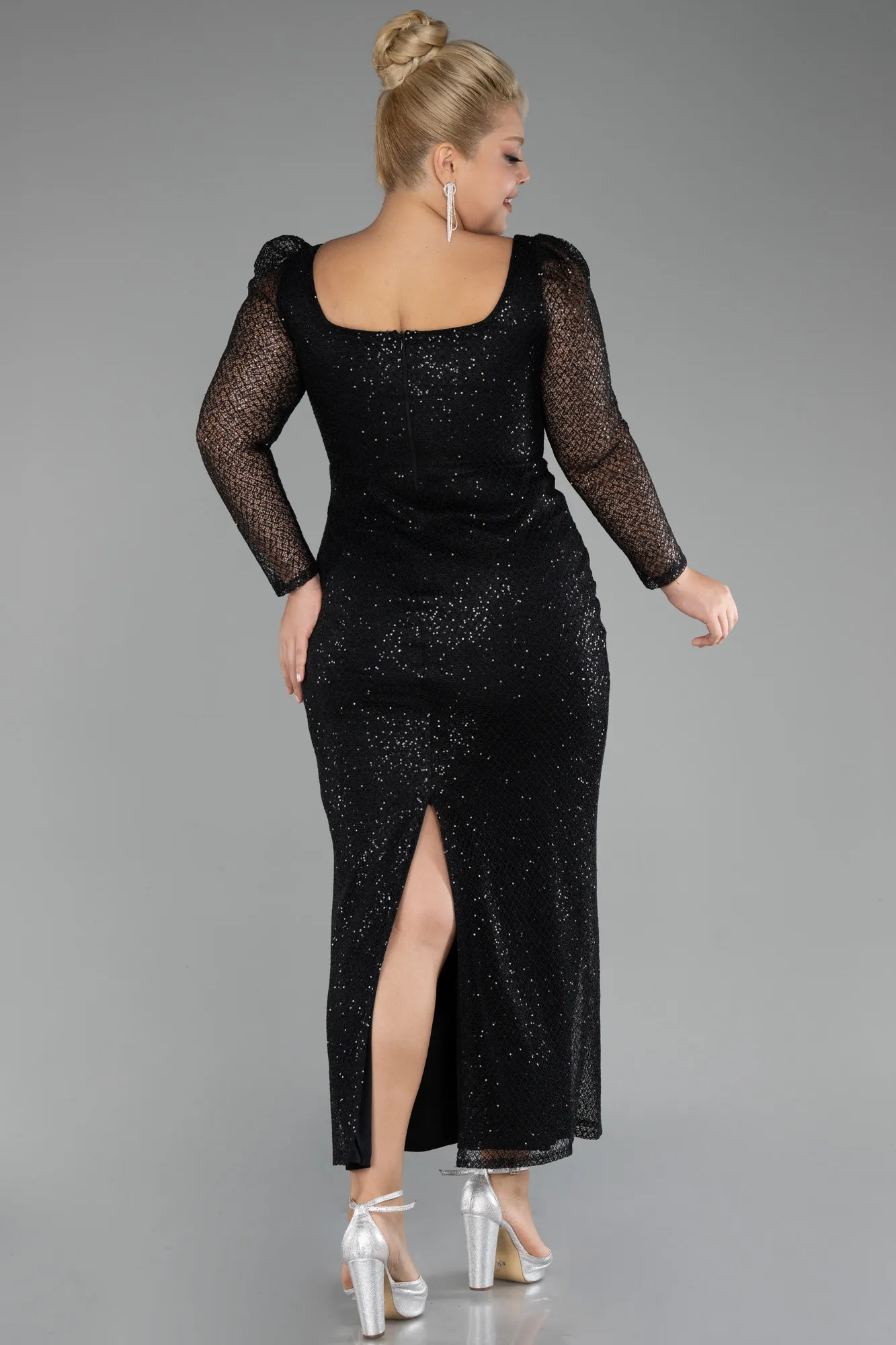 Black-Long Sleeve Sequin Midi Plus Size Evening Dress ABK2138