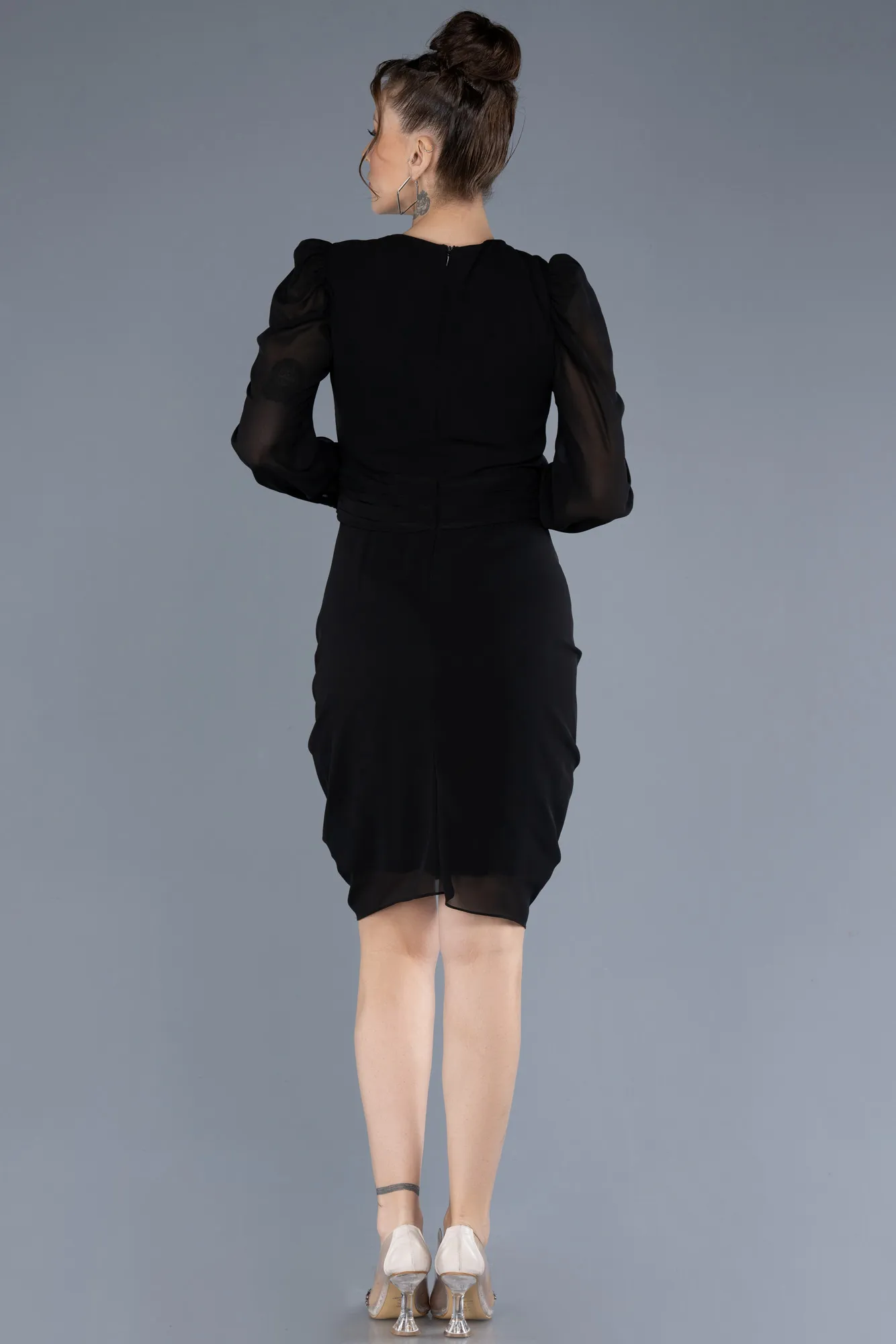 Black-Long Sleeve Short Chiffon Invitation Dress ABK2227