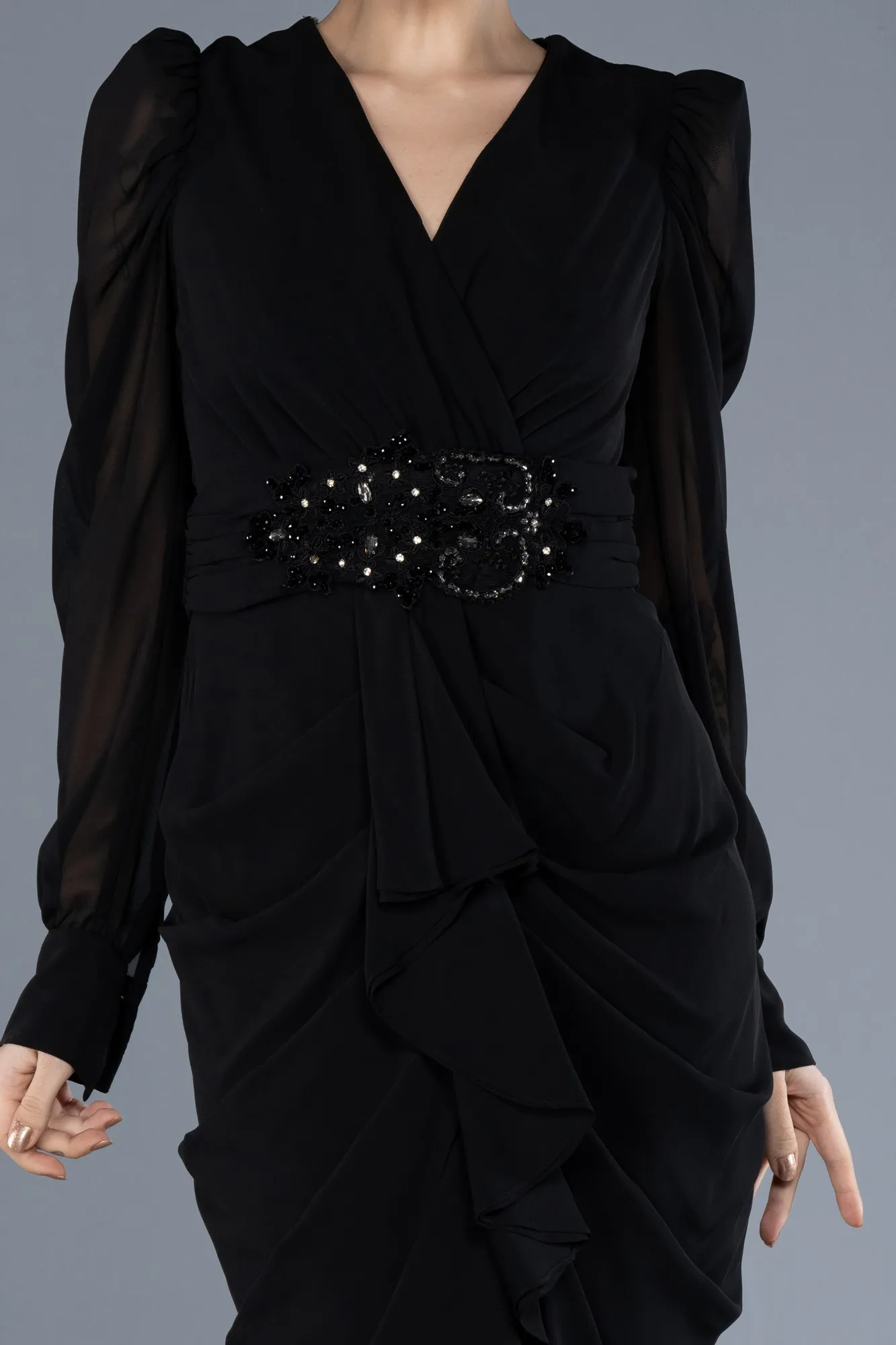 Black-Long Sleeve Short Chiffon Invitation Dress ABK2227