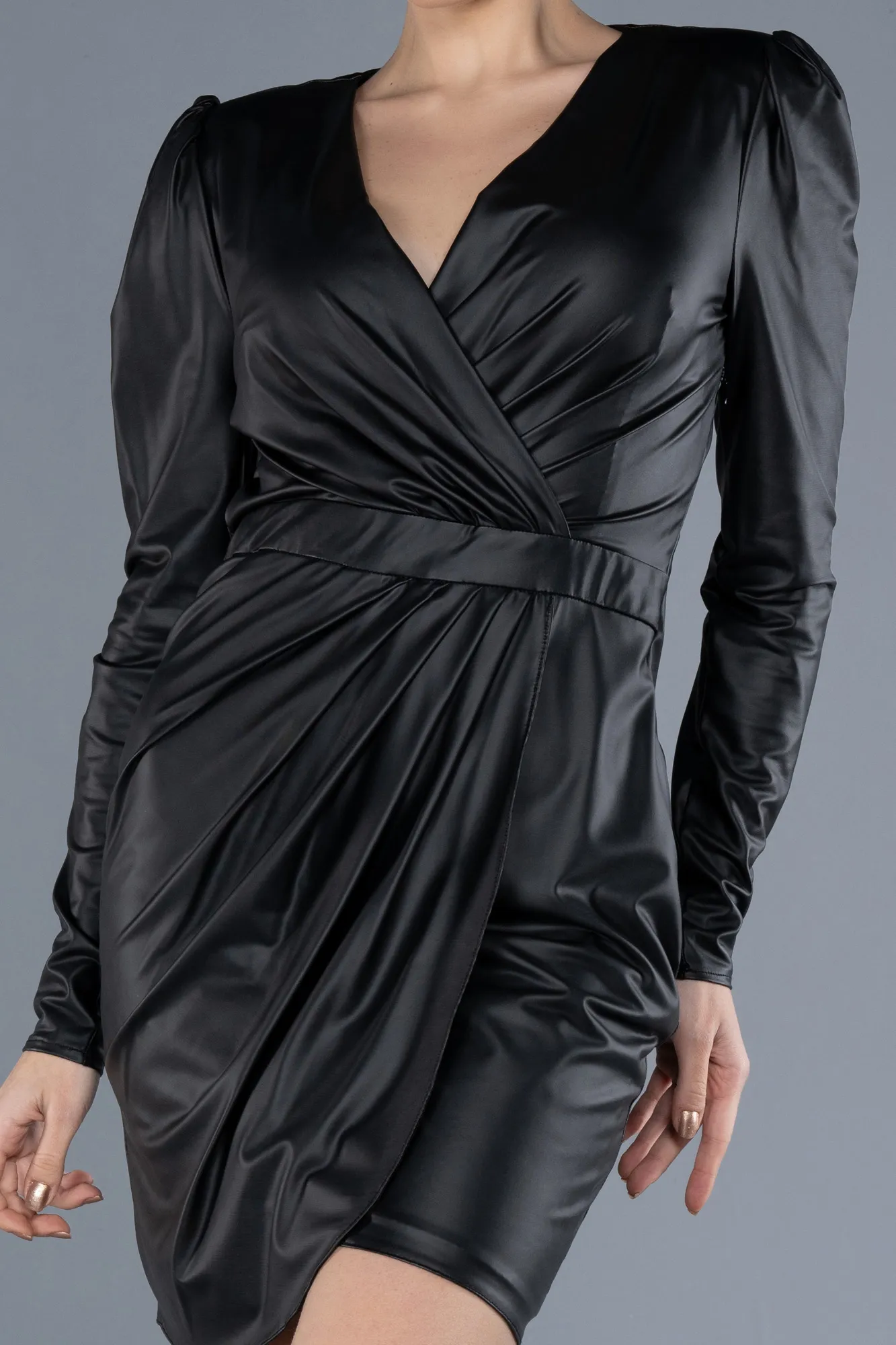 Black-Long Sleeve Short Leather Cocktail Dress ABK2228