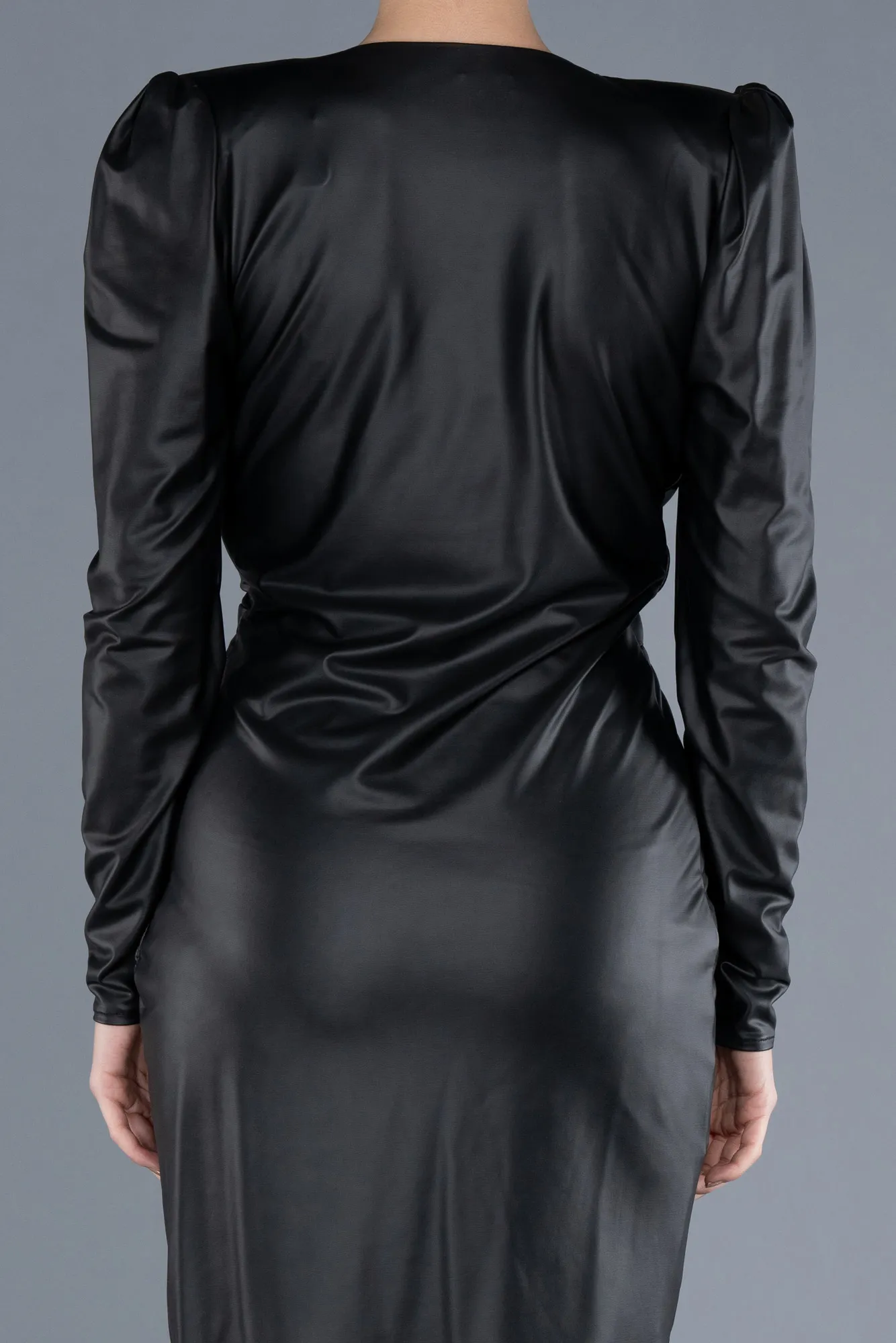 Black-Long Sleeve Short Leather Cocktail Dress ABK2228