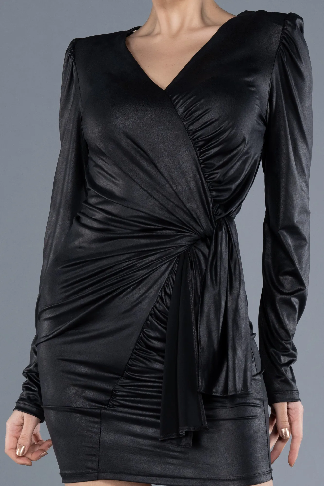 Black-Long Sleeve Short Leather Party Dress ABK2226