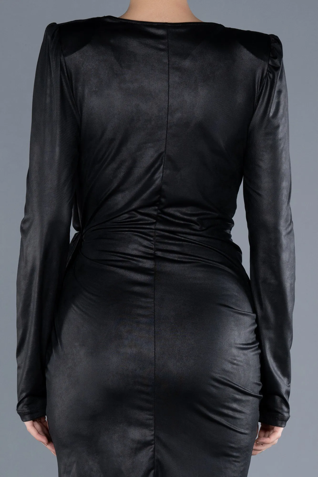 Black-Long Sleeve Short Leather Party Dress ABK2226