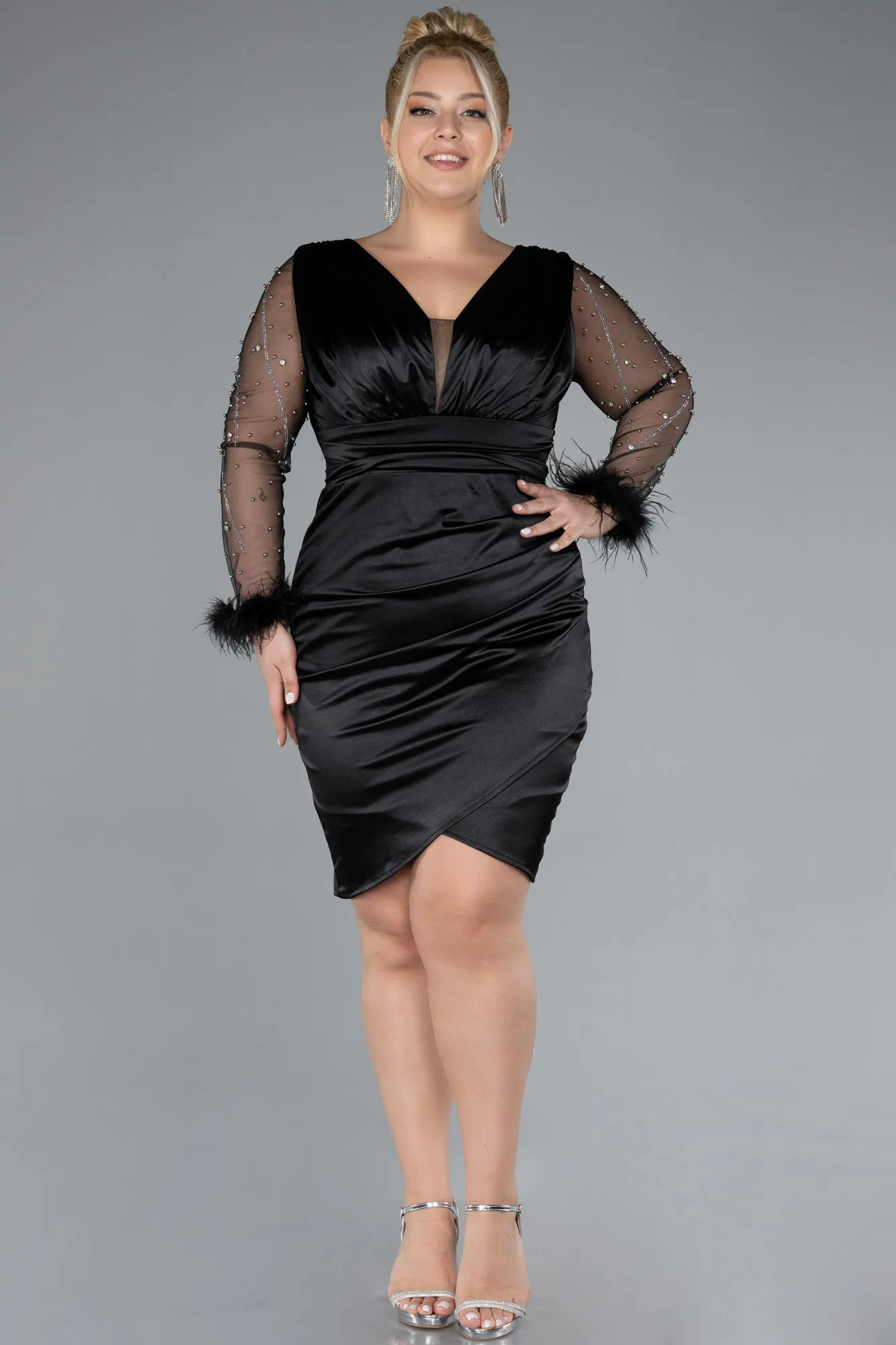 Black-Long Sleeve Short Satin Plus Size Invitation Dress ABK2161