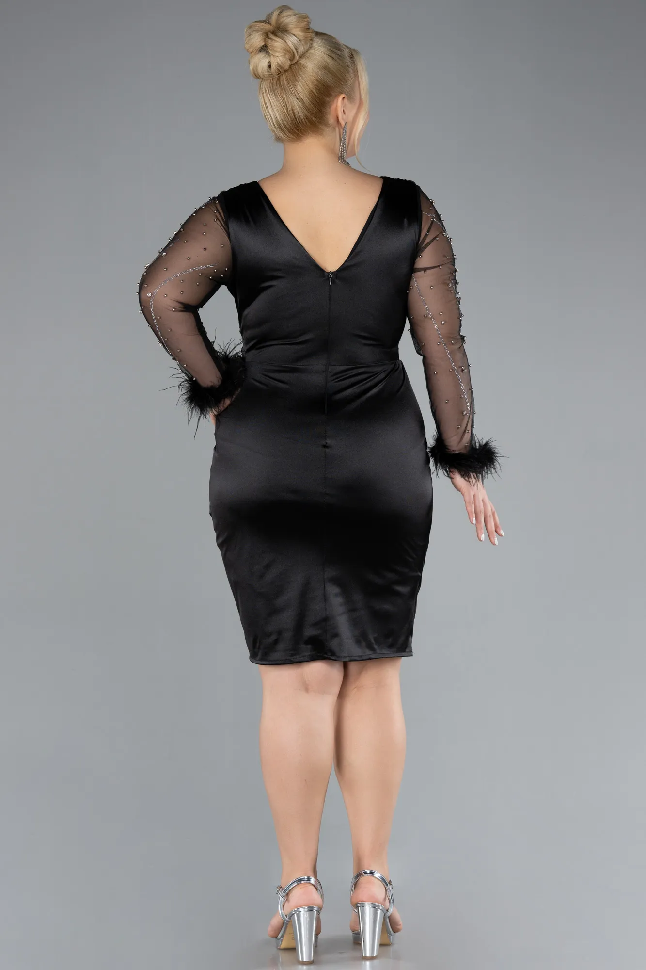 Black-Long Sleeve Short Satin Plus Size Invitation Dress ABK2161