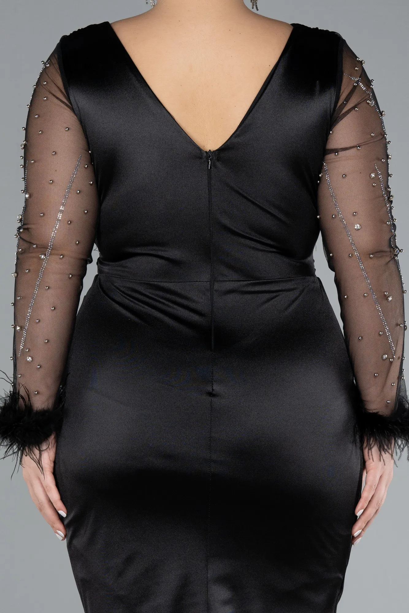 Black-Long Sleeve Short Satin Plus Size Invitation Dress ABK2161