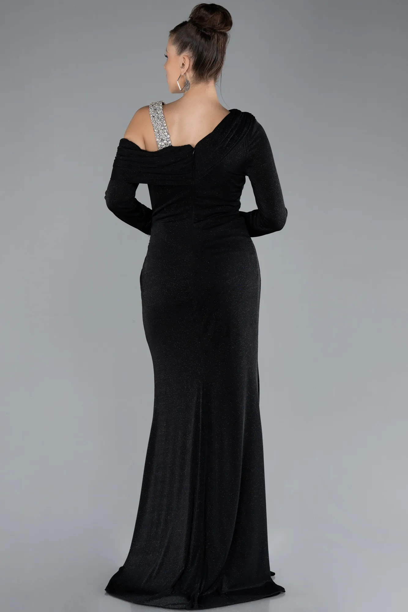 Black-Long Sleeve Slit Glitter Evening Dress ABU4328