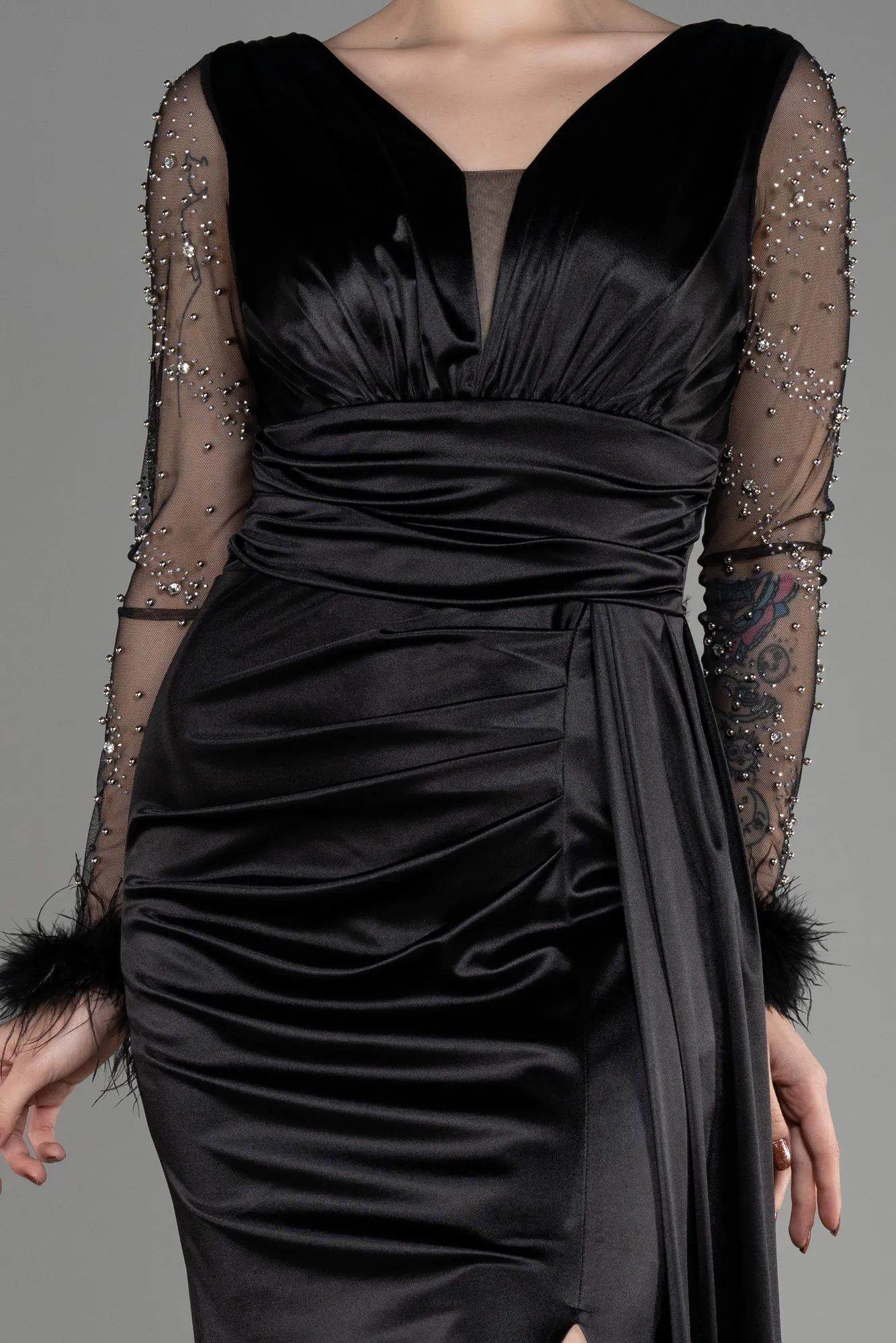 Black-Long Sleeve Slit Satin Evening Dress ABU3835