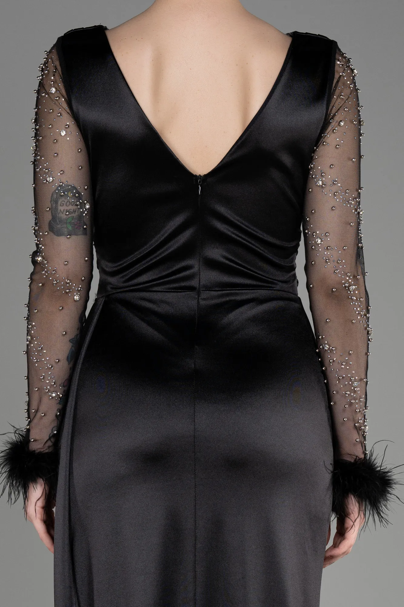 Black-Long Sleeve Slit Satin Evening Dress ABU3835