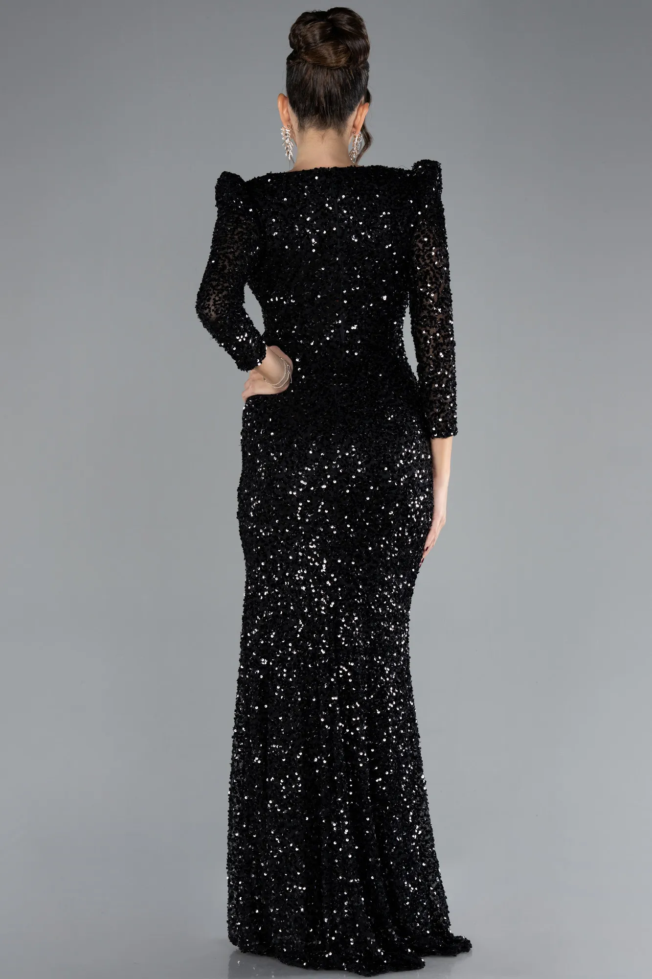 Black-Long Sleeve Slit Sequined Evening Gown ABU4329