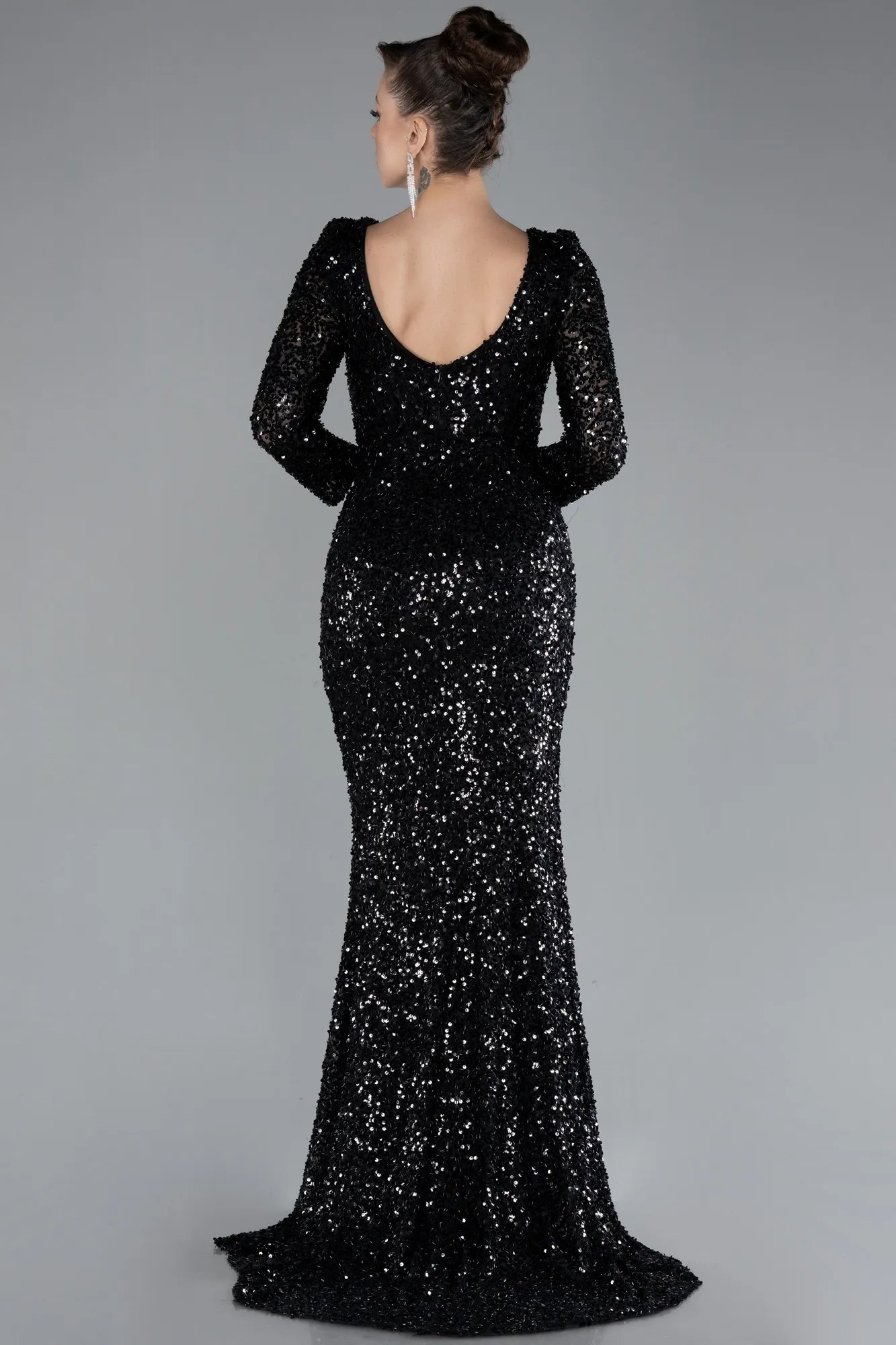 Black-Long Sleeve Slit Sequined Evening Gown ABU4512