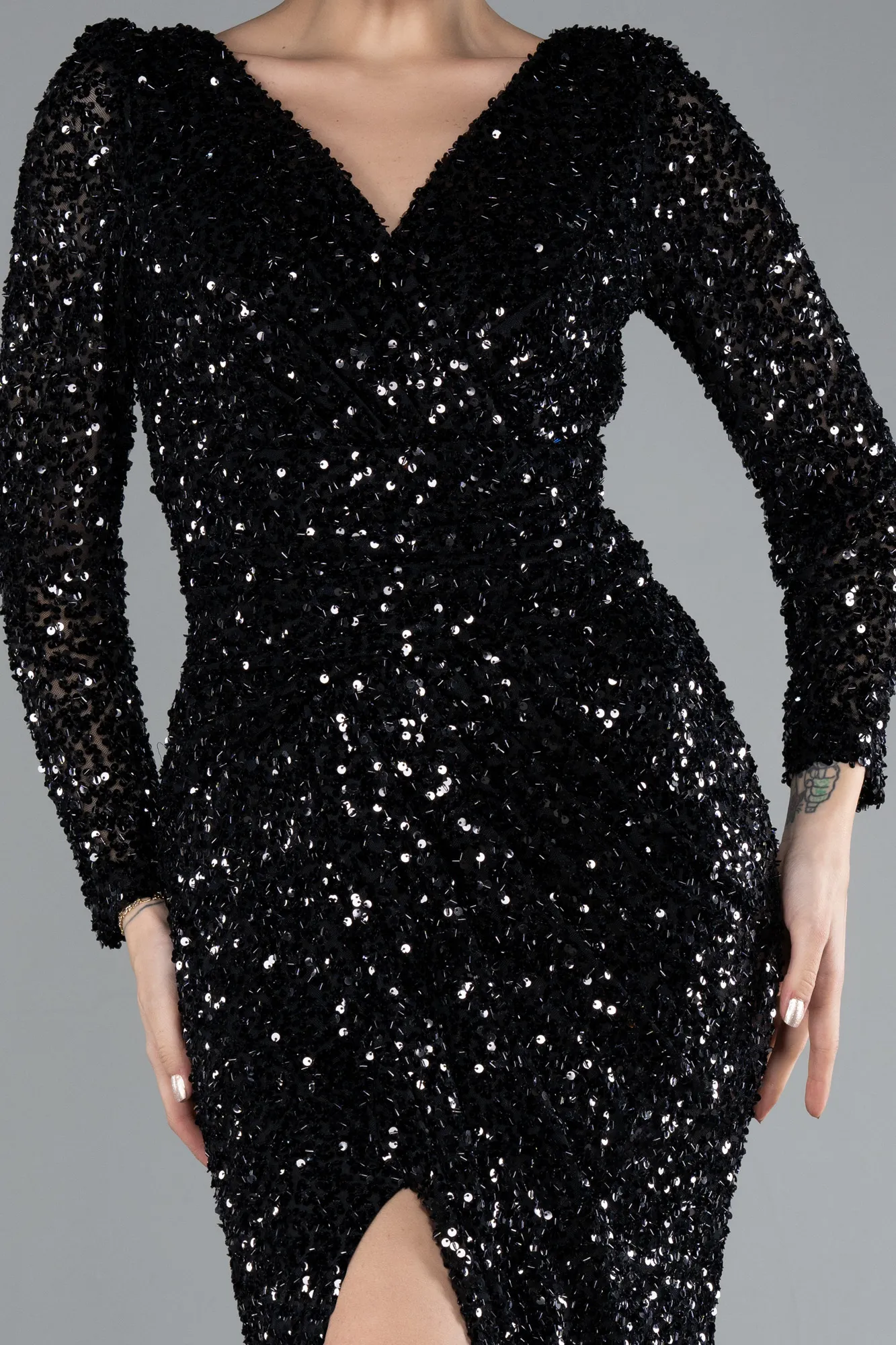 Black-Long Sleeve Slit Sequined Evening Gown ABU4512