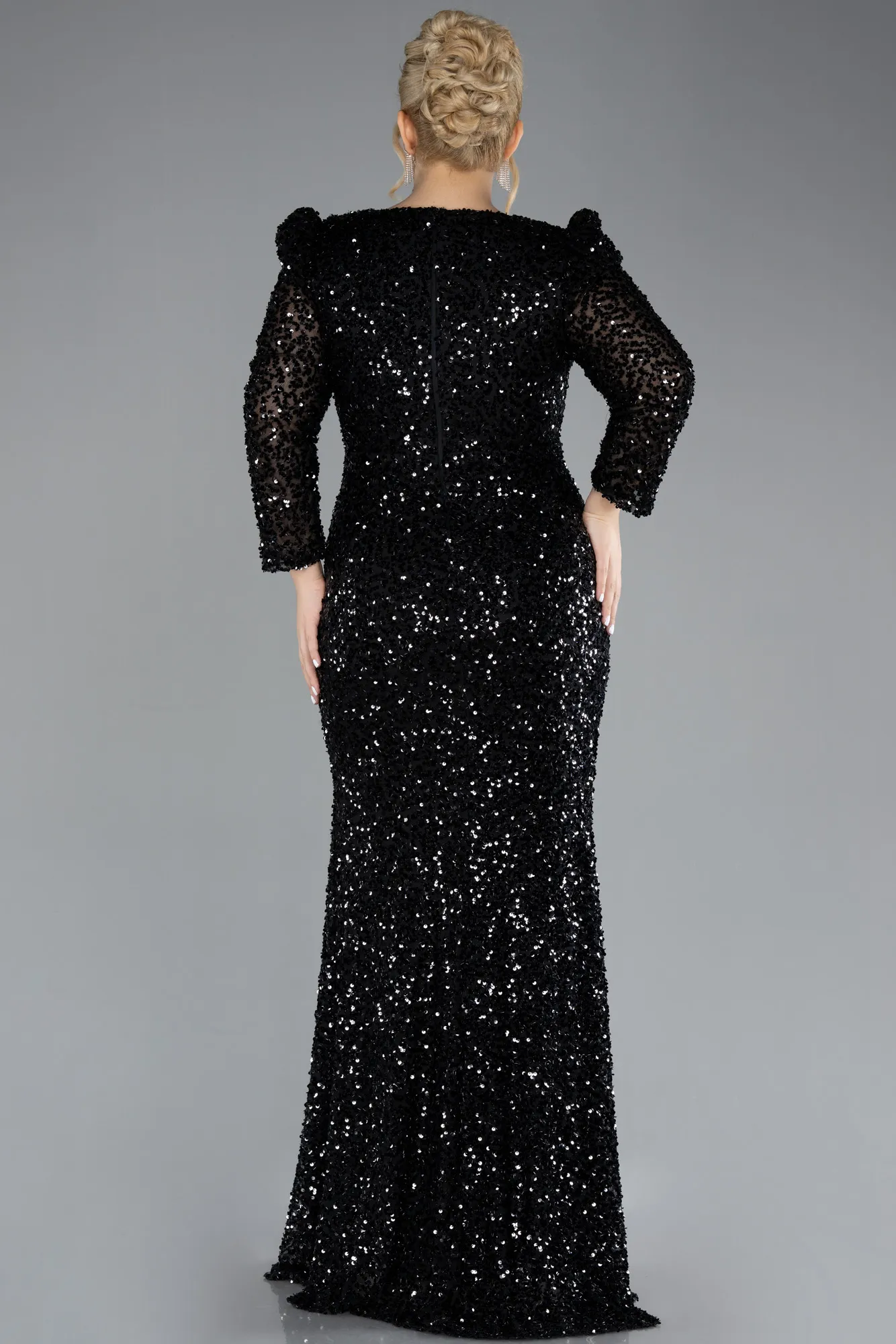 Black-Long Sleeve Slit Sequined Plus Size Evening Dress ABU4333