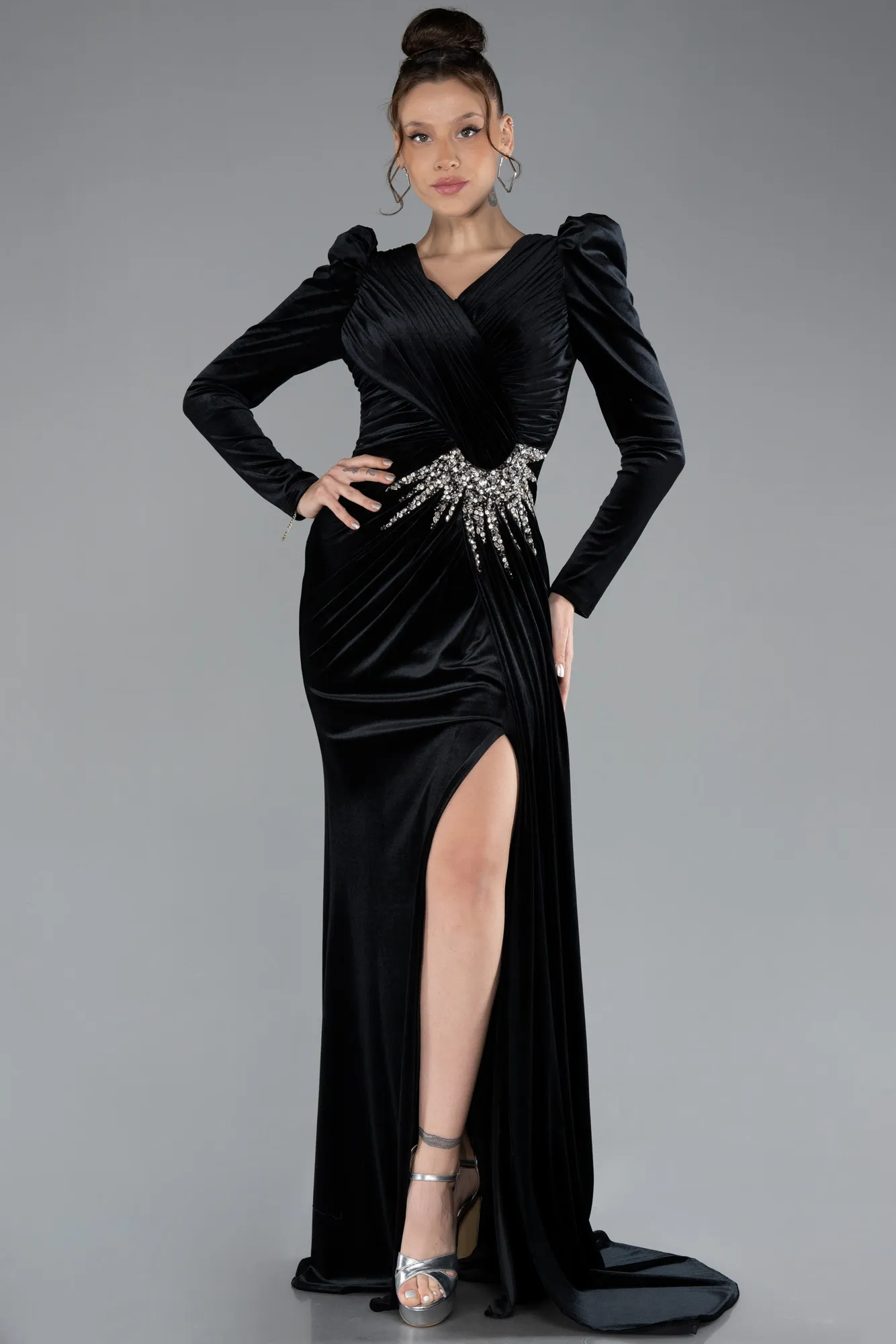 Black-Long Sleeve Slit Velvet Evening Gown ABU4375