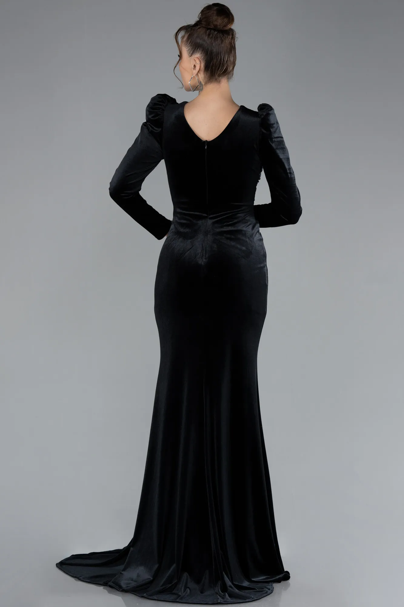 Black-Long Sleeve Slit Velvet Evening Gown ABU4375