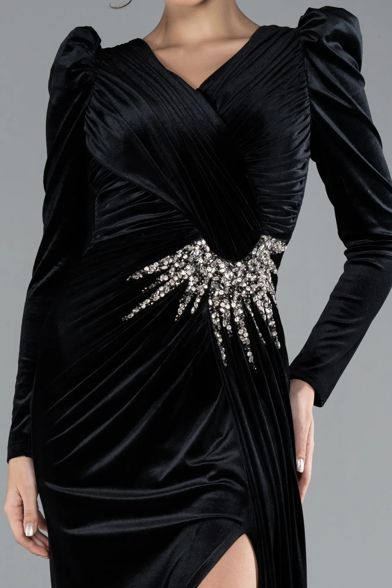 Black-Long Sleeve Slit Velvet Evening Gown ABU4375