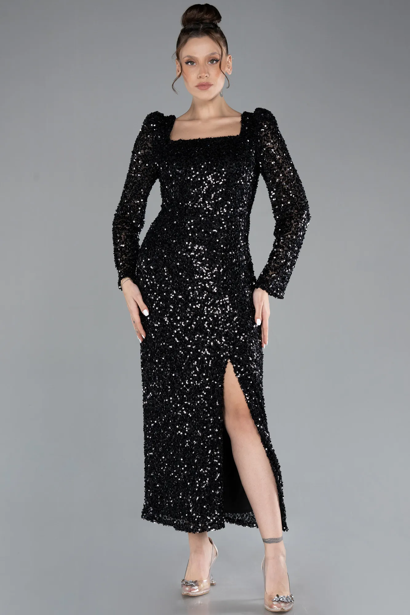 Black-Long Sleeve Square Neck Scaly Midi Cocktail Dress ABK2182