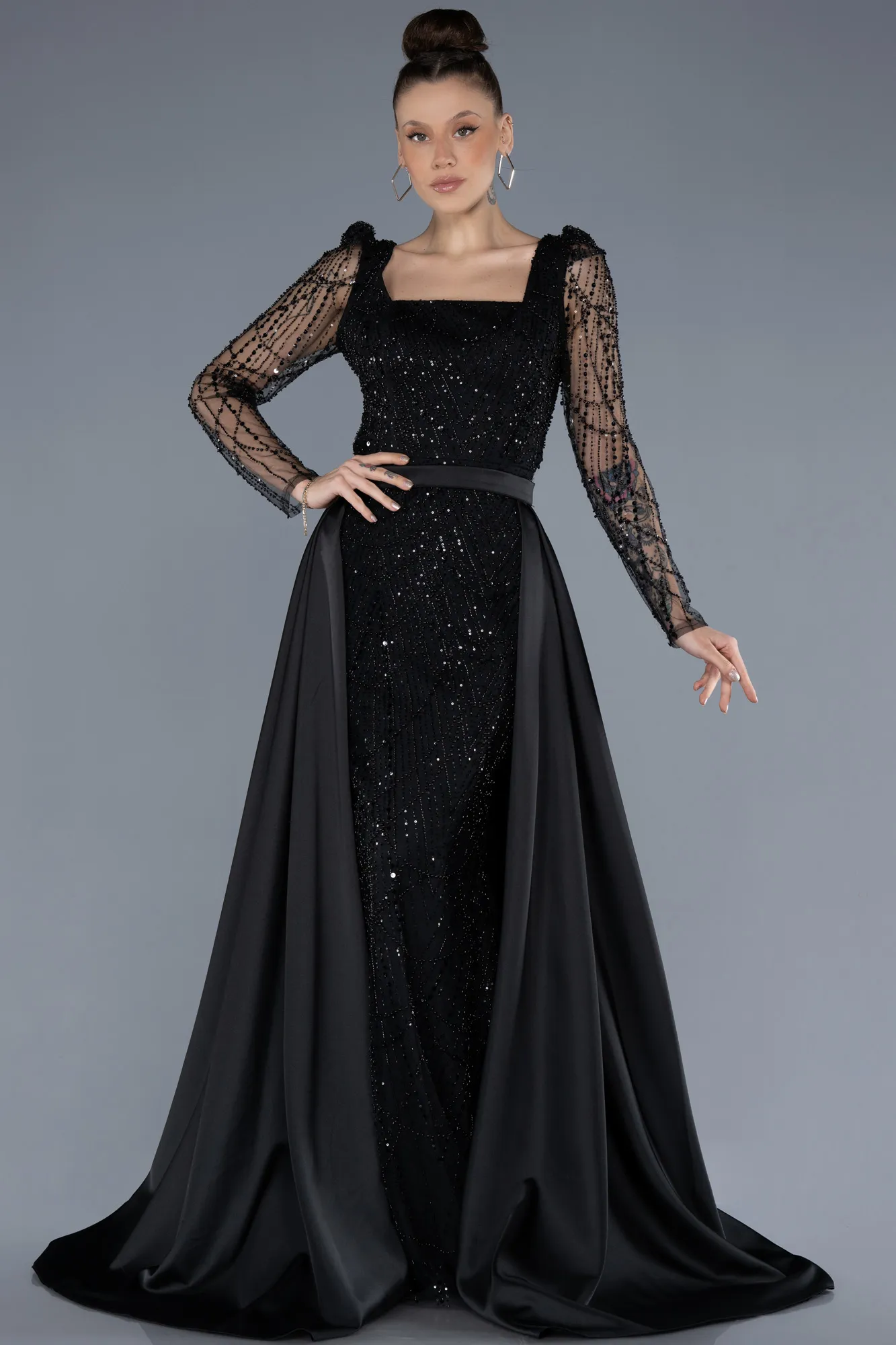 Black-Long Sleeve Square Neckline Beaded Portable Tails Evening Gown ABU4603