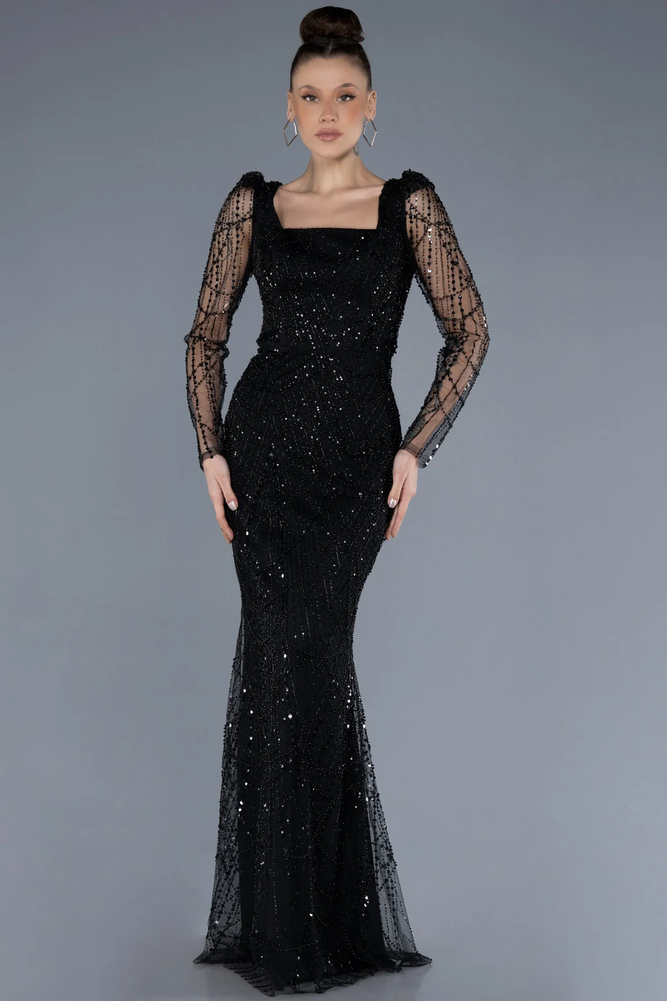 Black-Long Sleeve Square Neckline Beaded Portable Tails Evening Gown ABU4603