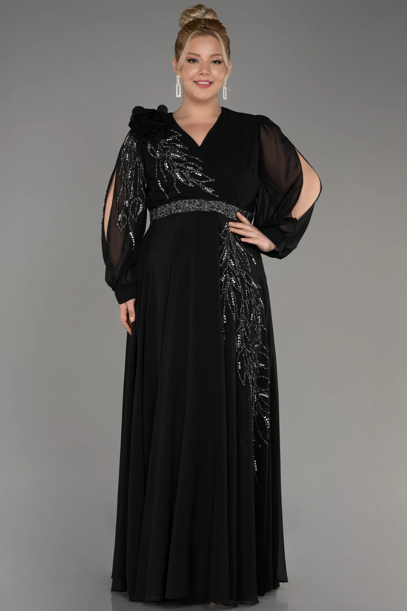 Black-Long Sleeve Stone Chiffon Plus Size Evening Dress ABU3917