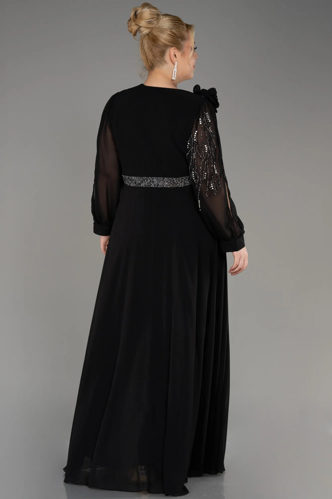 Black-Long Sleeve Stone Chiffon Plus Size Evening Dress ABU3917