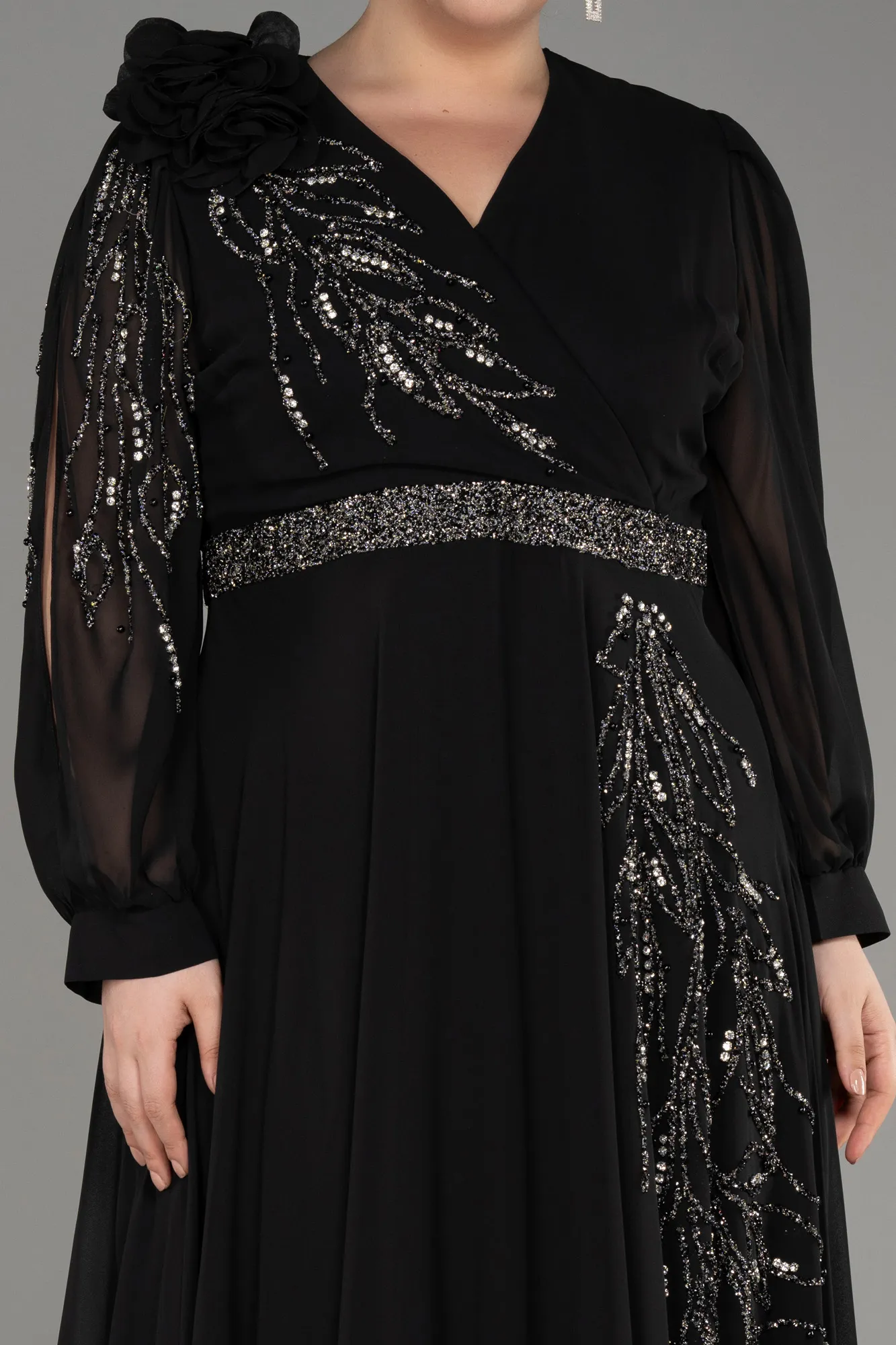 Black-Long Sleeve Stone Chiffon Plus Size Evening Dress ABU3917