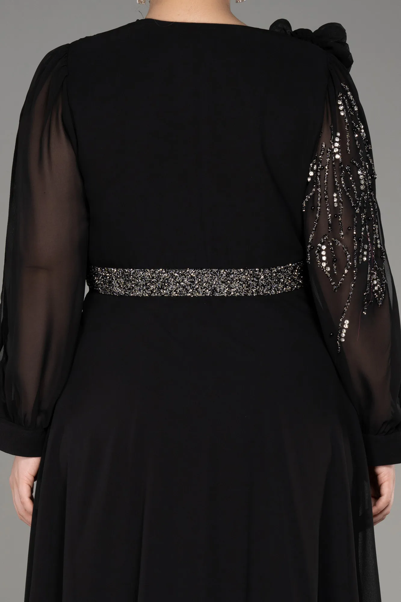 Black-Long Sleeve Stone Chiffon Plus Size Evening Dress ABU3917