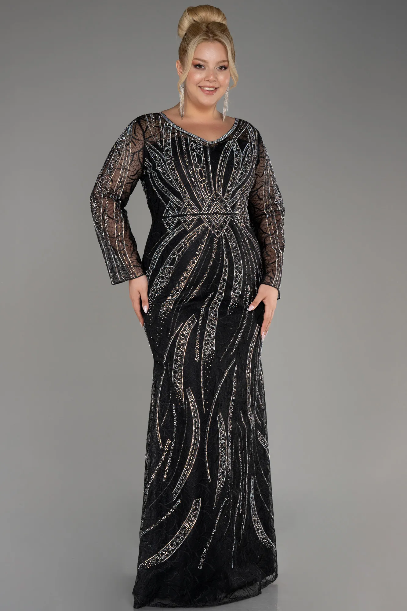 Black-Long Sleeve Stone Guipure Plus Size Evening Gown ABU4052