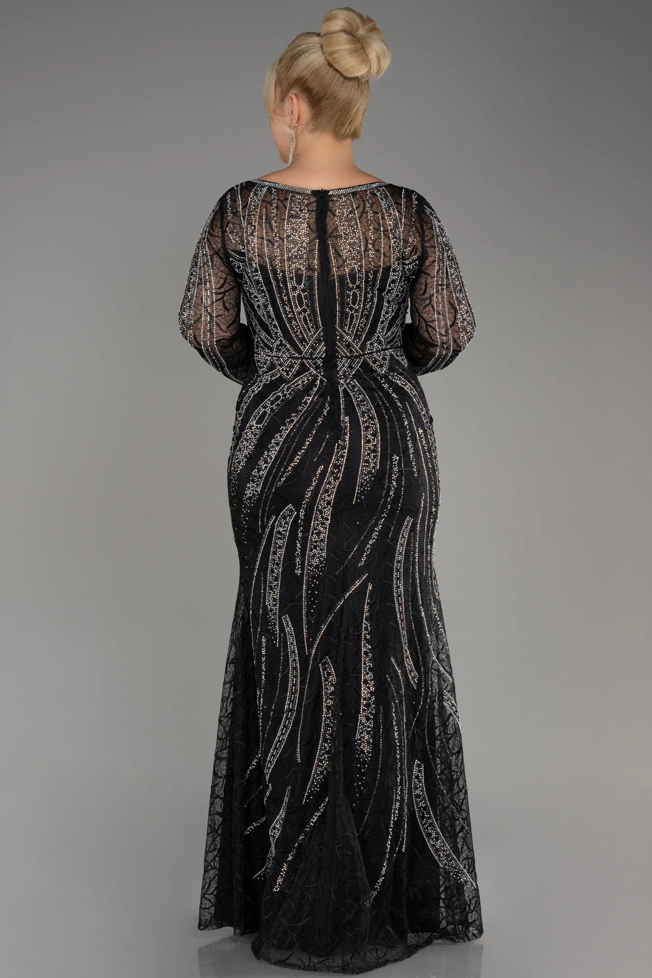 Black-Long Sleeve Stone Guipure Plus Size Evening Gown ABU4052