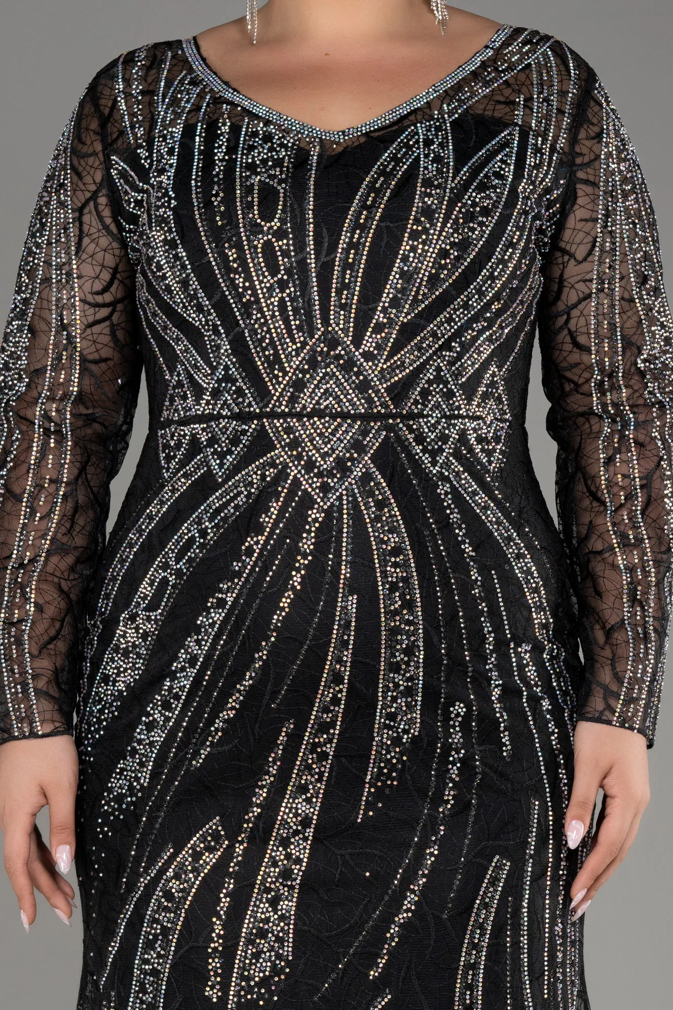 Black-Long Sleeve Stone Guipure Plus Size Evening Gown ABU4052