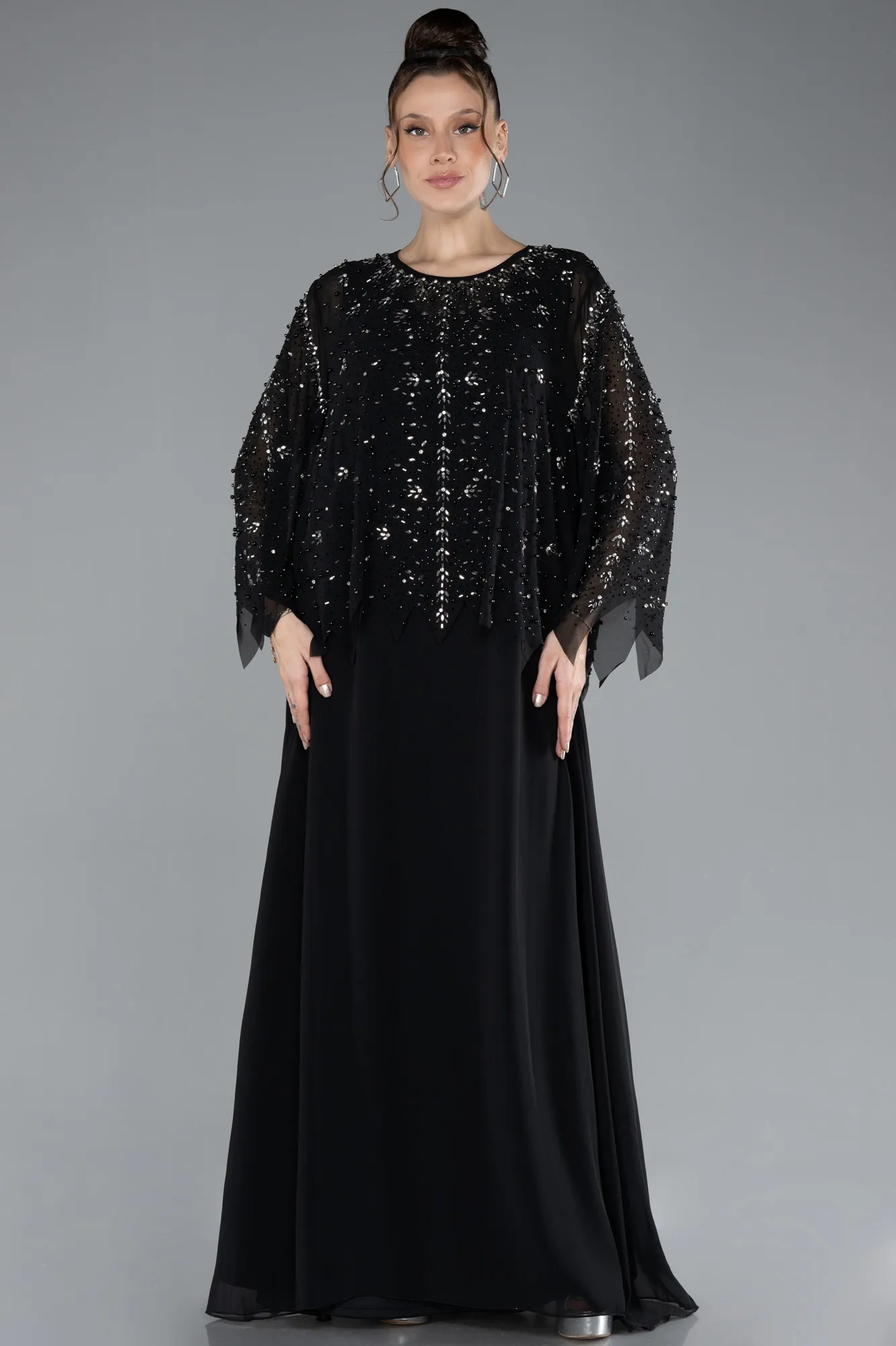 Black-Long Sleeve Stoned Chiffon Plus Size Evening Dress ABU4396