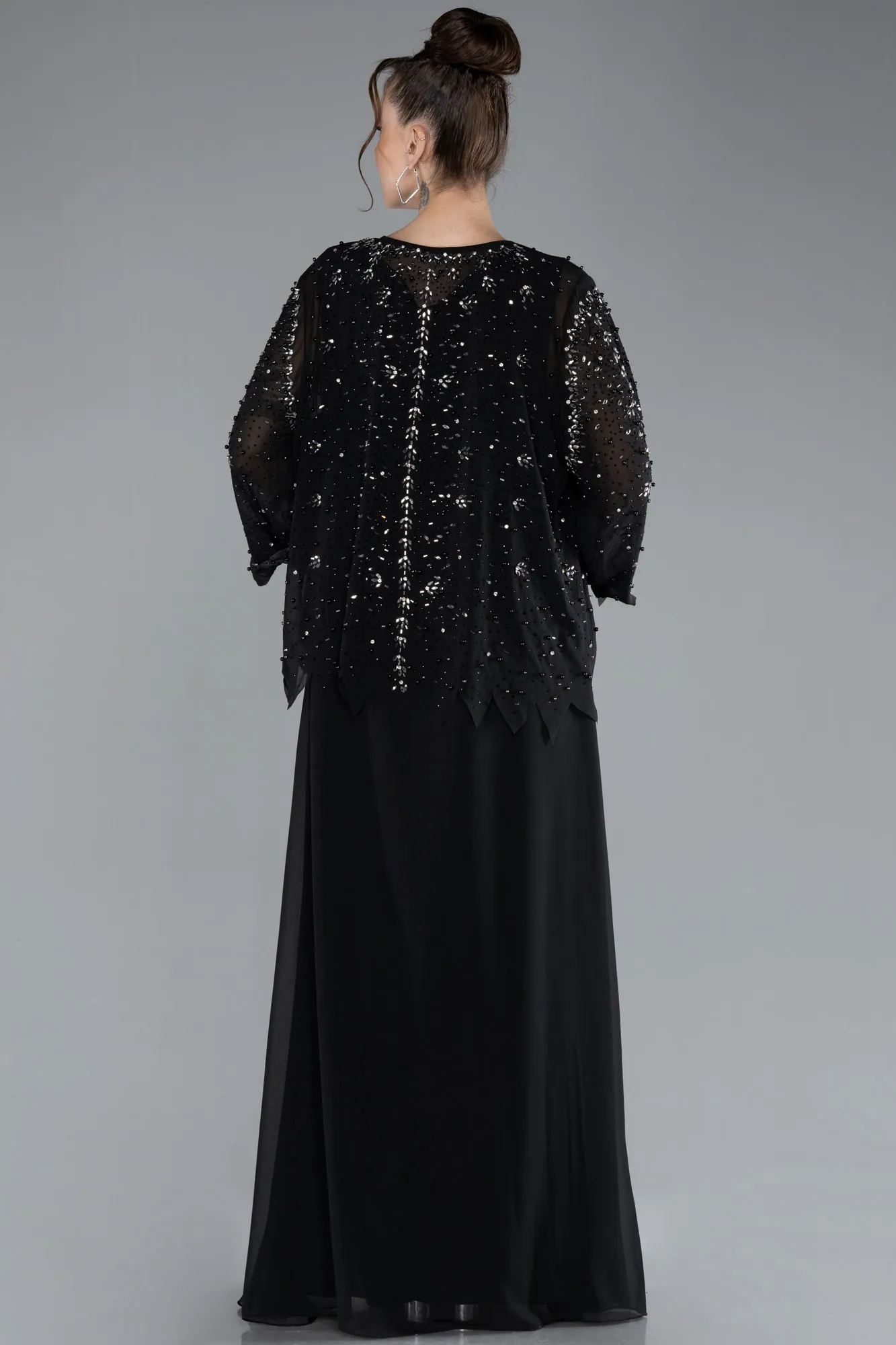 Black-Long Sleeve Stoned Chiffon Plus Size Evening Dress ABU4396